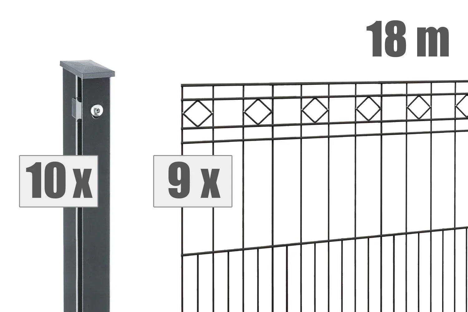 Schmuckzaun Modell TURIN anthrazit, 18m Set mit 9 Zaunfeldern und 10 Pfosten, dekoratives Metallzaun-Design mit Rautenmuster.