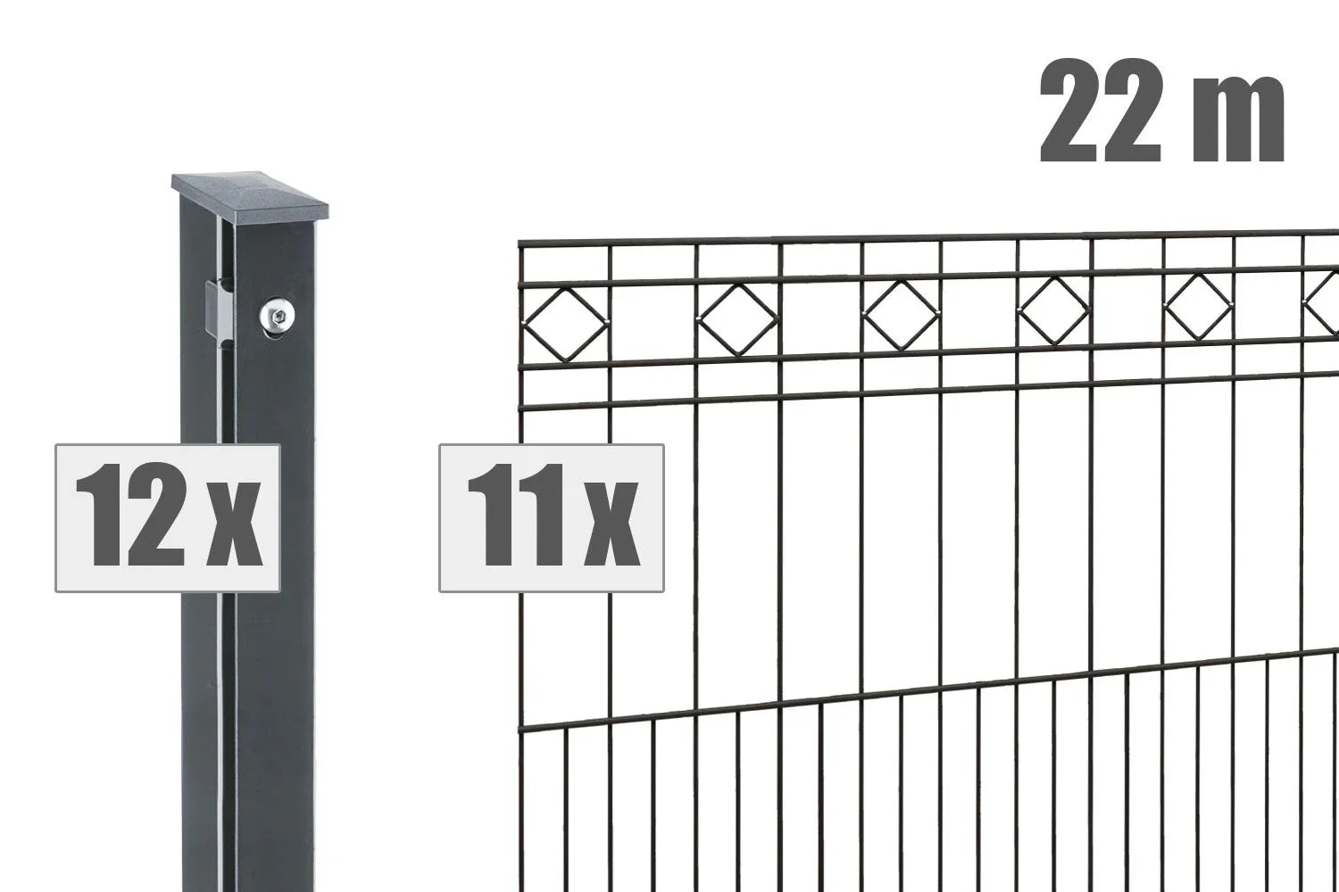 Metallzaun Set Turin, 22 Meter, anthrazit, mit Pfosten und Ziergittern, modern für Garten