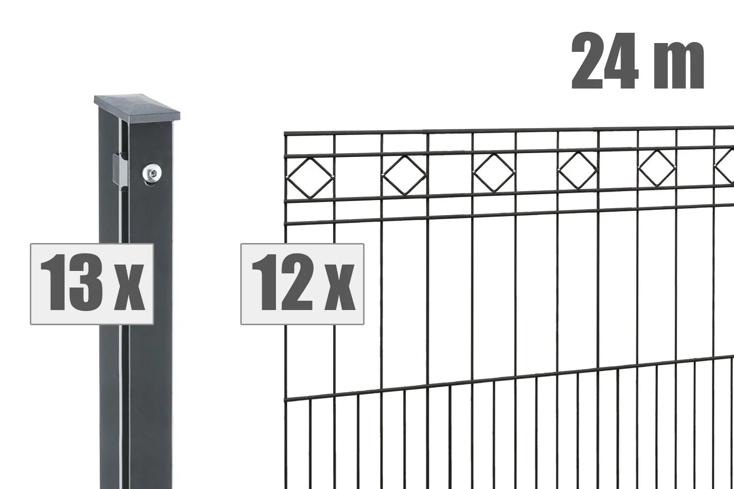 Schmuckzaun Modell TURIN aus Metall, 24 Meter, 12 Zaunelemente, 13 Pfosten, schwarze Optik, dekoratives Rautenmuster