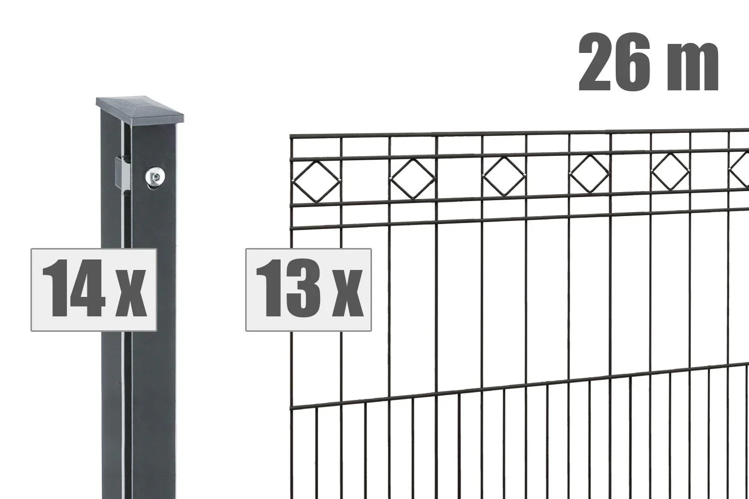 Schmuckzaun Modell TURIN, 26m Set, 14 Pfosten, 13 Zaunelemente mit Zierornamenten, anthrazit