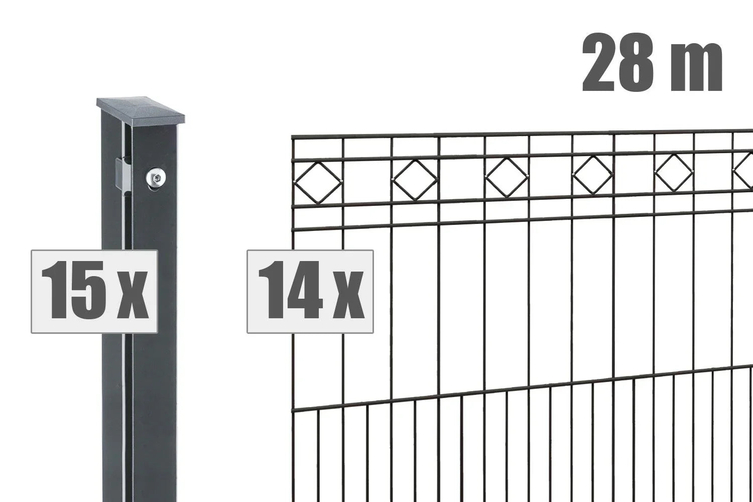 Metall Schmuckzaun Modell TURIN, 28m Set mit 15 Pfosten und 14 Zaunelementen, Ziermuster Quadrate