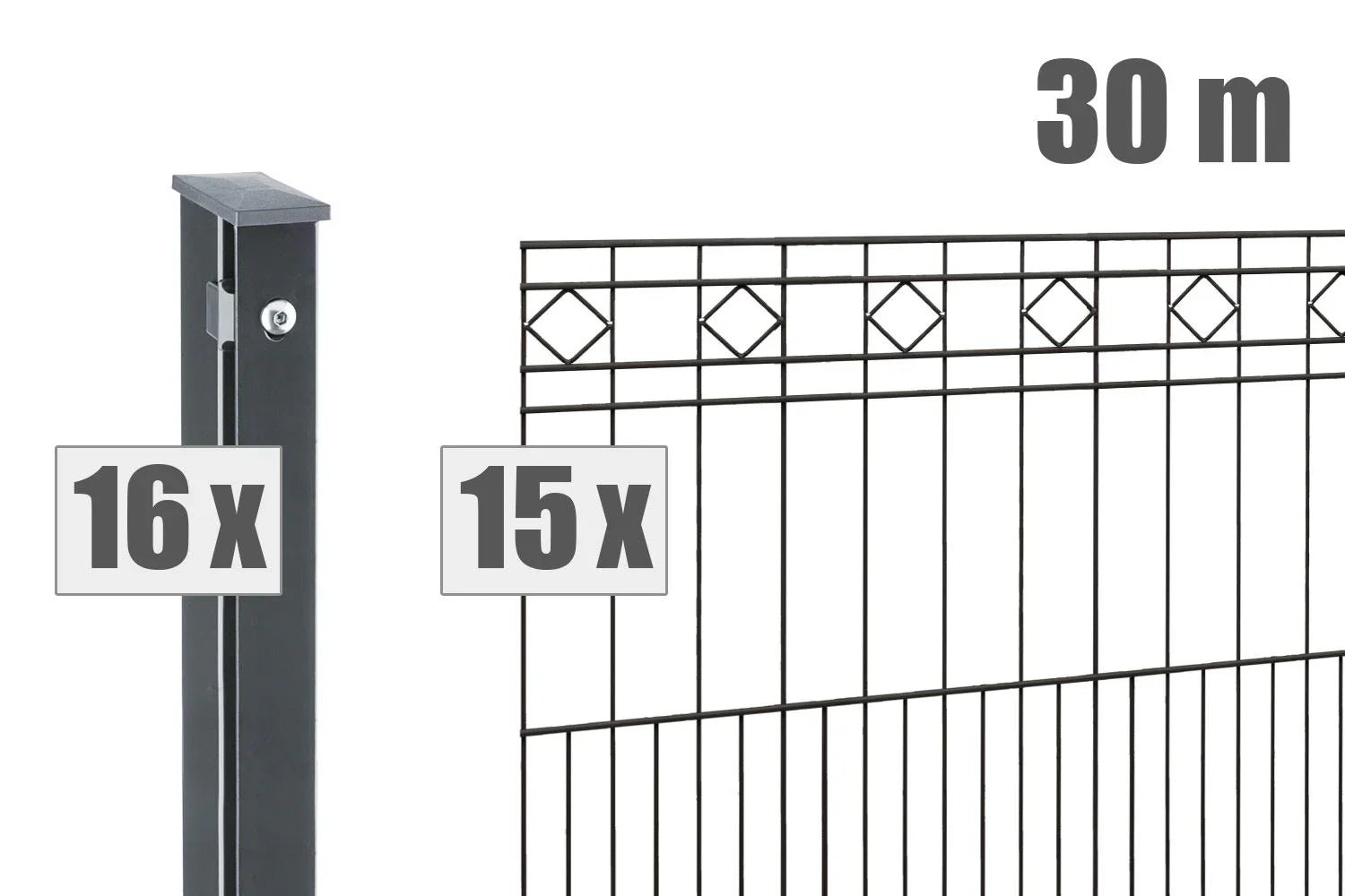 Schmuckzaun TURIN Set, 30 Meter, 15 Zaunfelder mit Rautenmuster, 16 Pfosten, anthrazit