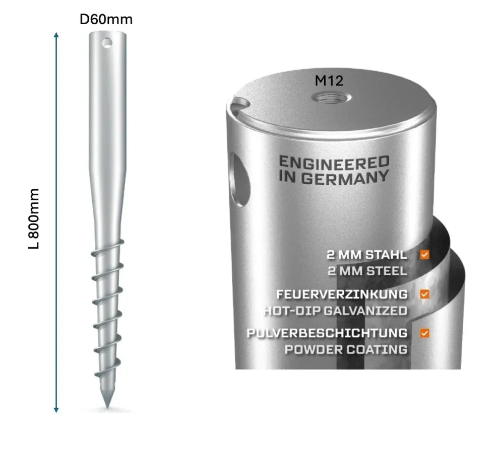 Schraubfundament aus Stahl, 800 mm lang, 60 mm Durchmesser, M12 Gewinde, feuerverzinkt