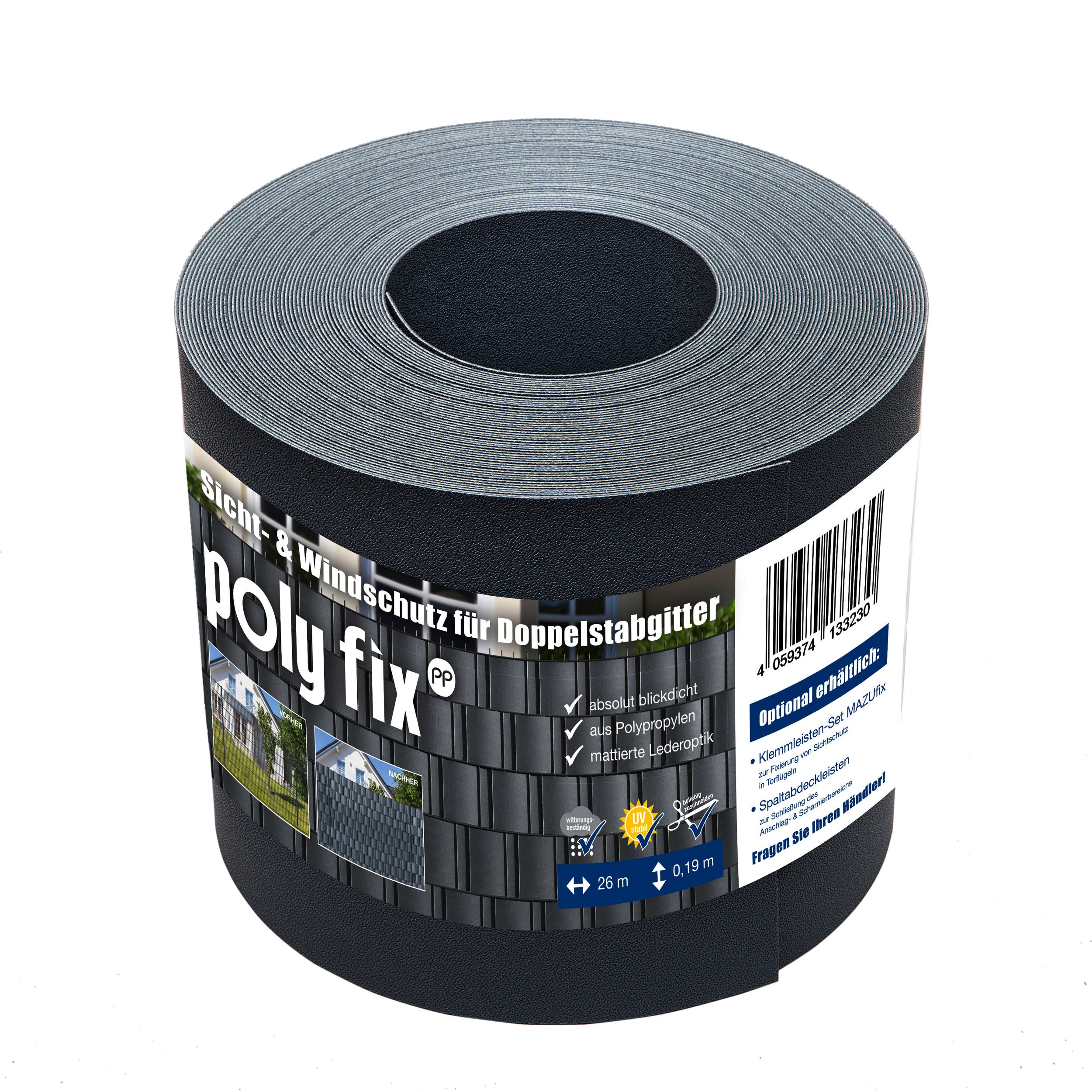 Sichtschutzrolle poly fix Tiefschwarz, 190 mm hoch, 26 m Rolle