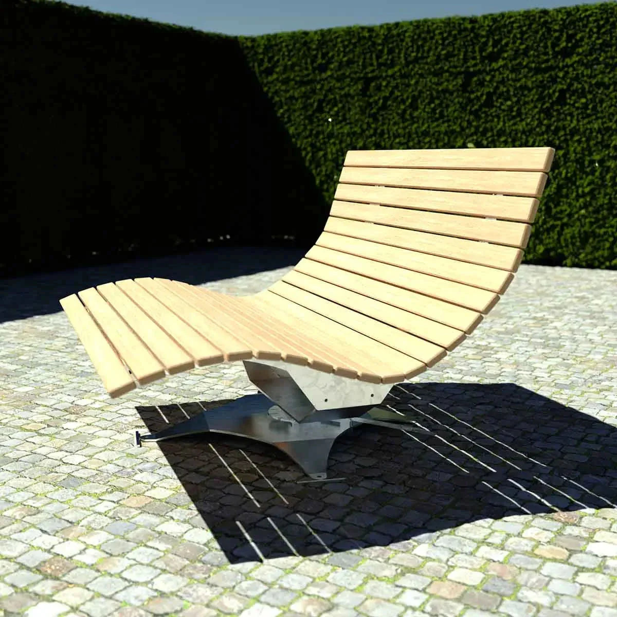 Moderne Sonnenliege aus Holz und Metall, drehbar, auf Steinboden im Garten