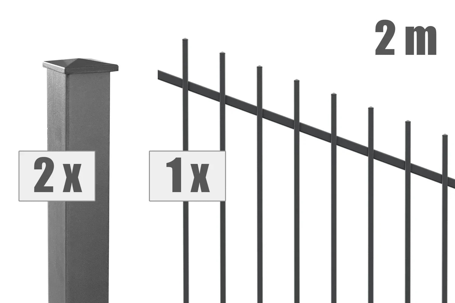 Metall Steigungszaun Basel, anthrazit, 2 Meter Set mit 2 Pfosten und 1 Zaunelement