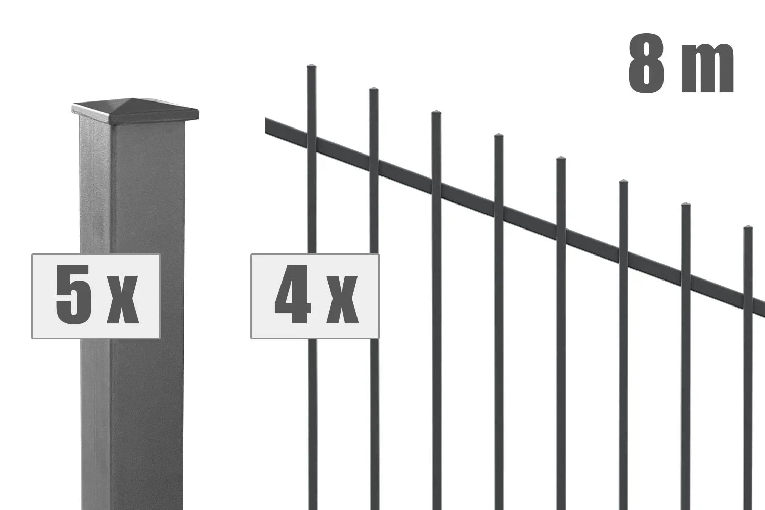 Metall Steigungszaun Basel Set, 8 Meter, 5 Pfosten, 4 Zaunelemente, anthrazit