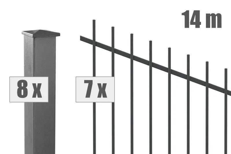 Schwarzer Metall-Steigungszaun mit 8 Pfosten und 7 Zaunelementen, 14 Meter Länge.