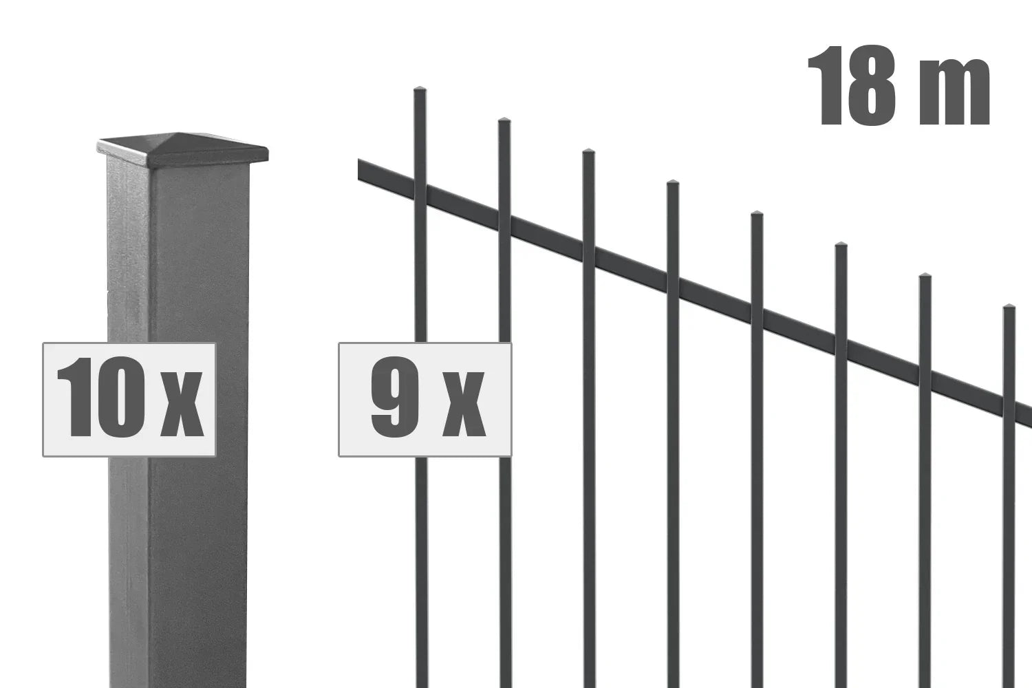Metall Steigungszaun Set in Anthrazit mit 10 Pfosten, 9 Zaunelementen, Länge 18 Meter