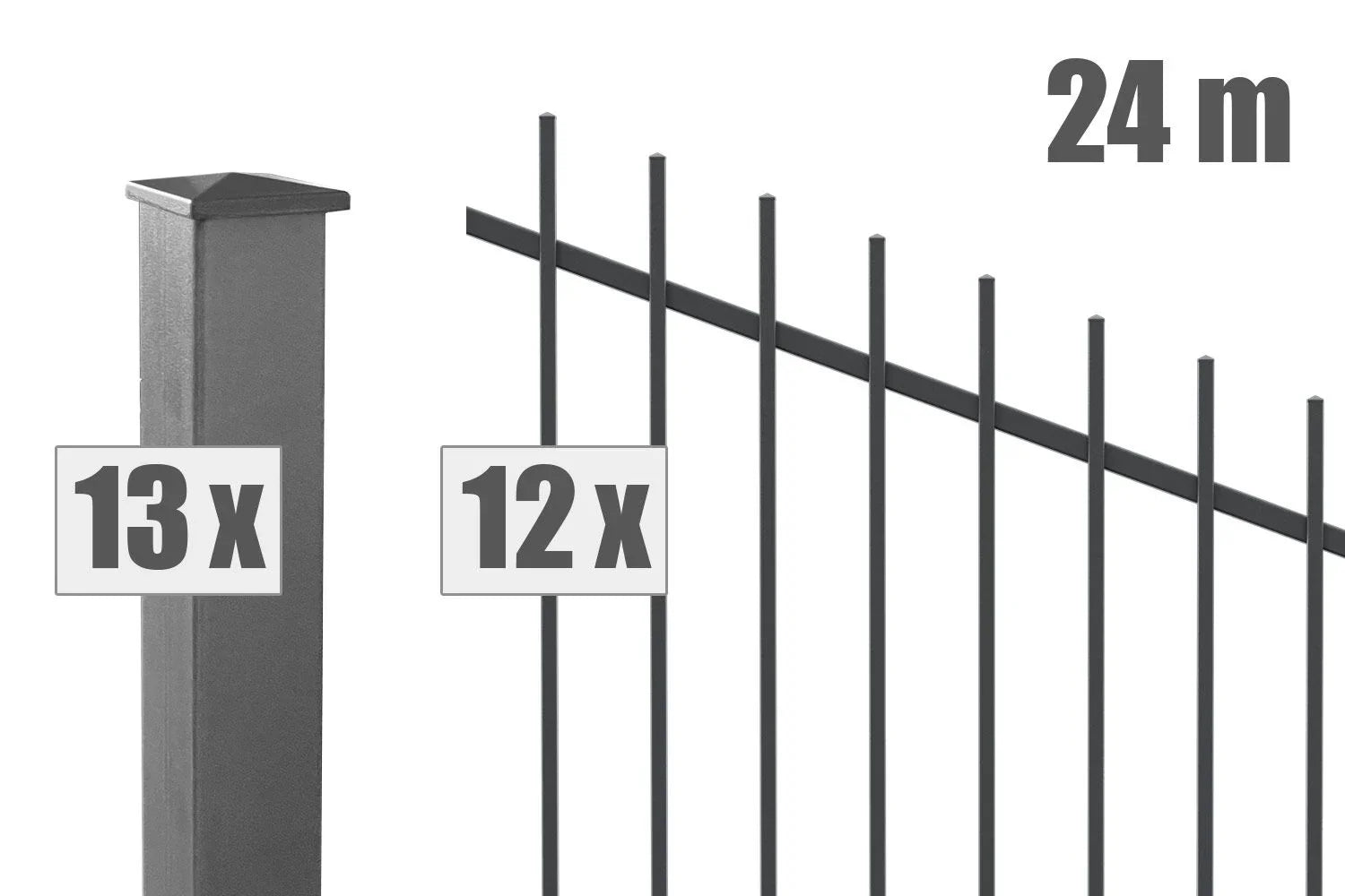 Steigungszaun-Set aus Metall in Anthrazit, 24 Meter lang, mit 13 Pfosten und 12 Zaunelementen.