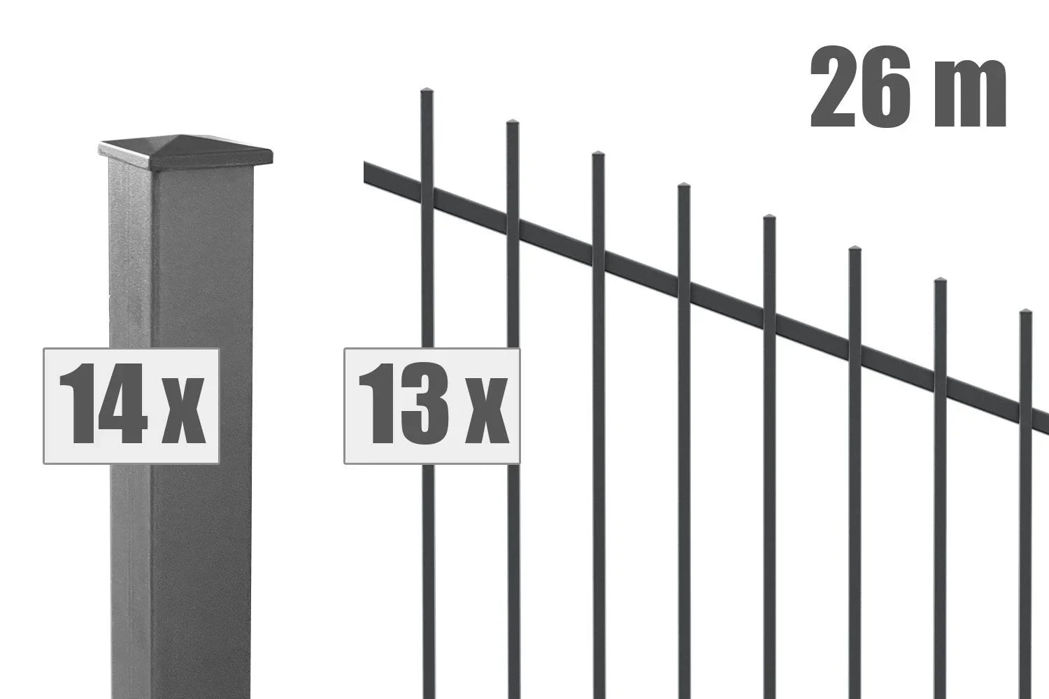 Schwarzer Steigungszaun aus Metall, 26m lang, 13 Zaunfelder, 14 Pfosten, modern für Garten