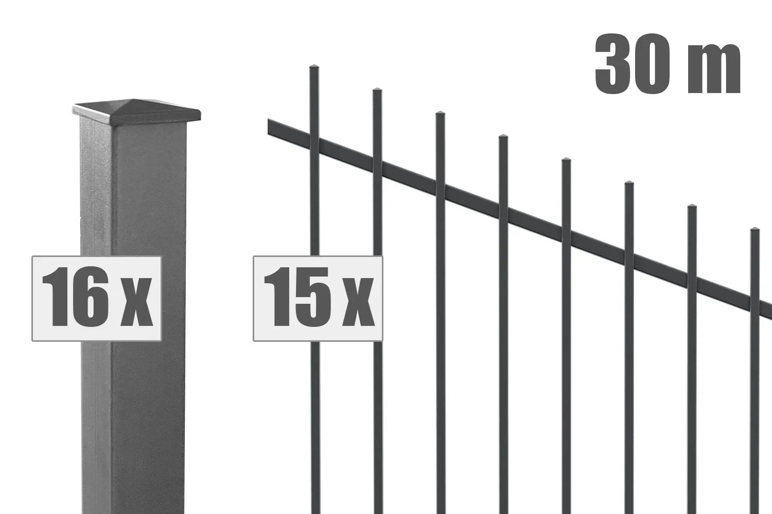 Metall Steigungszaun Basel Set, 30m Länge, 16 Pfosten, 15 Zaunelemente, anthrazit