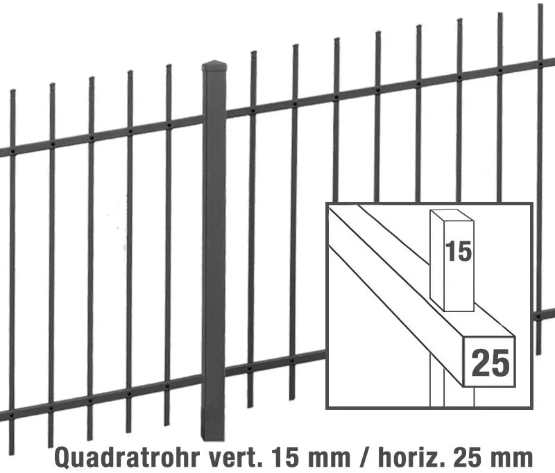 Metall-Steigungszaun Basel mit vertikalen Stäben, Detail zu Quadratrohr 15x25 mm