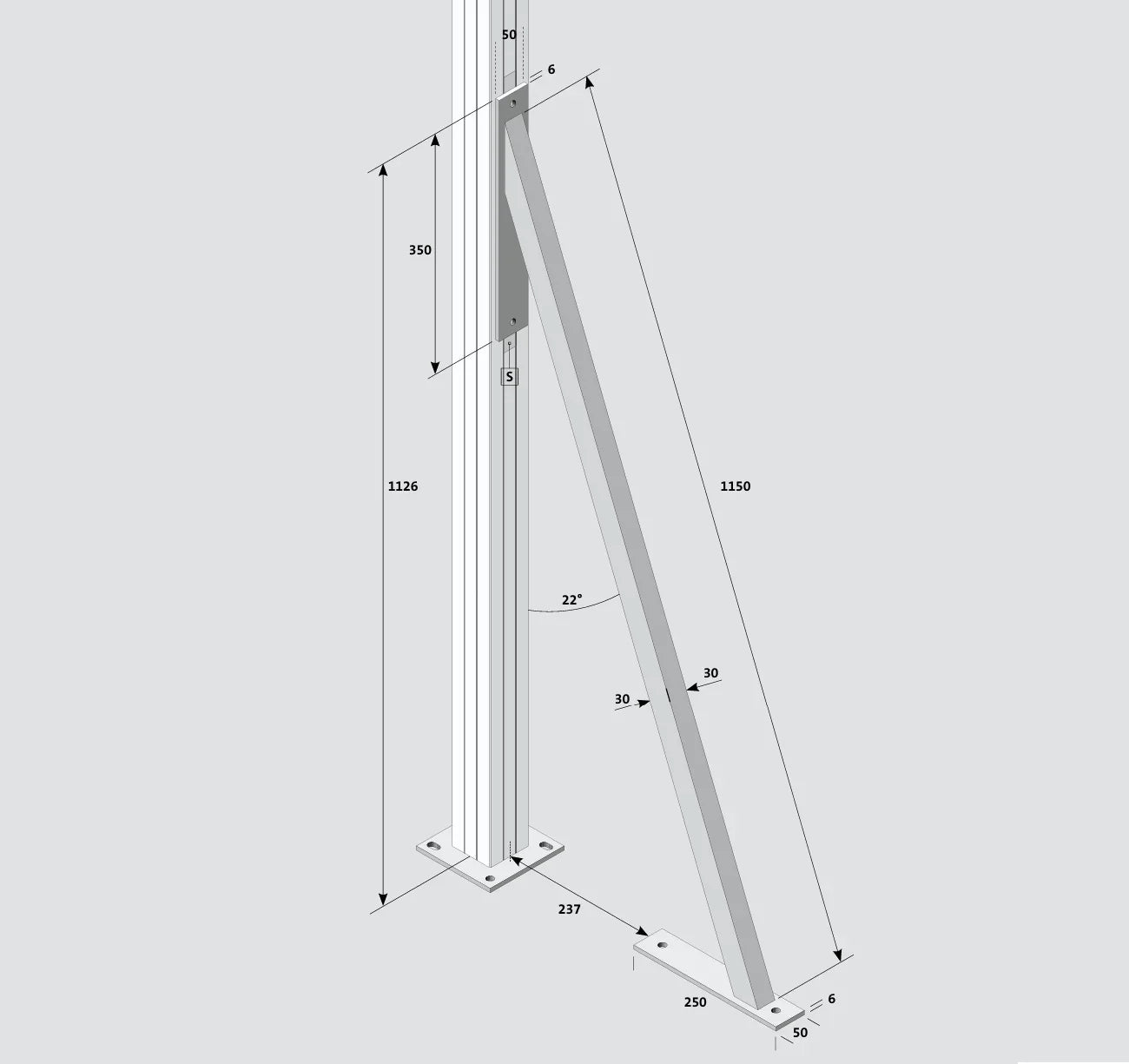 Sturmanker aus Stahl für Flexo Zaunsystem, Winkelstütze mit Maßangaben, Metallpfosten