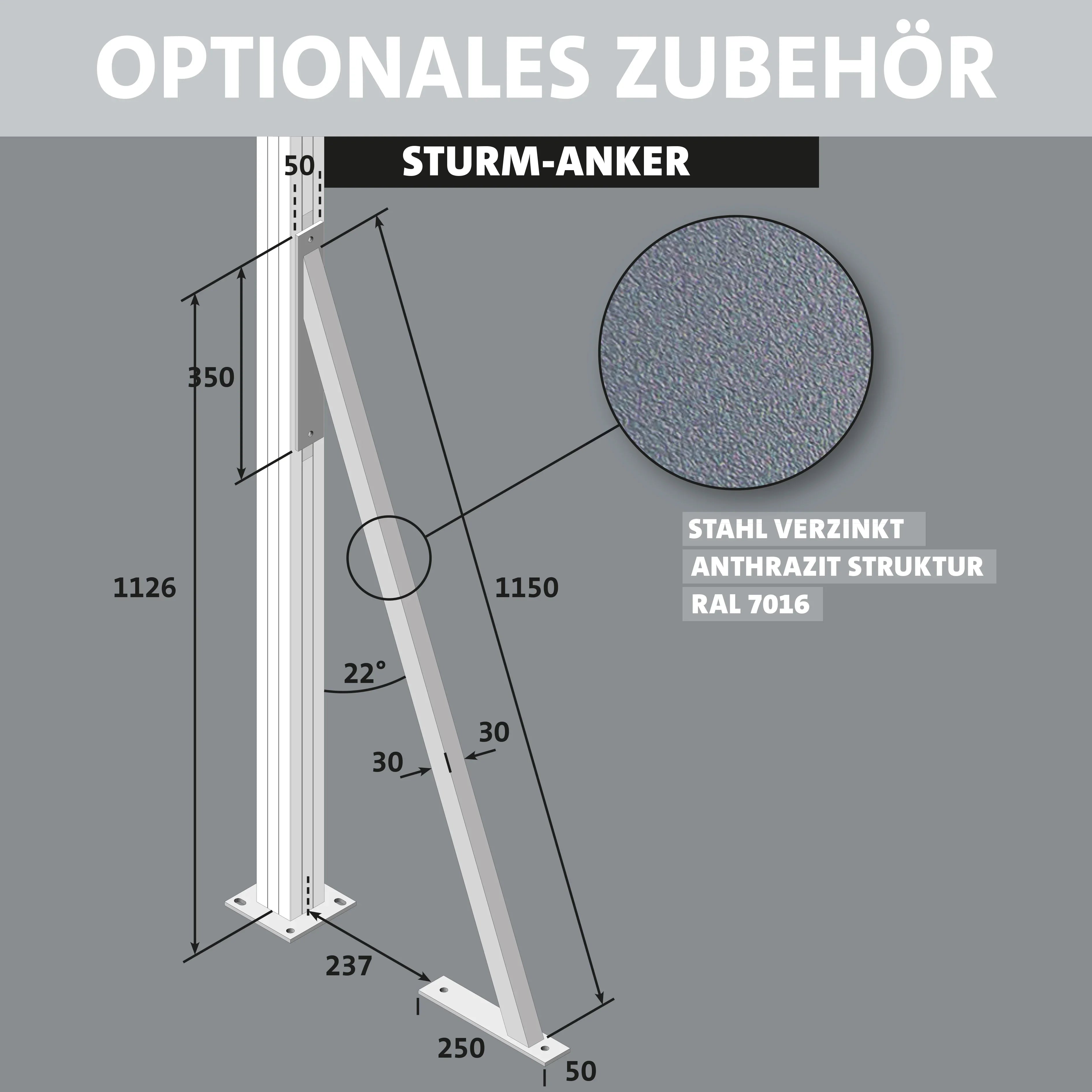 Sturmanker für Zaunsystem aus verzinktem Stahl, anthrazit RAL 7016, mit Maßen und Strukturansicht
