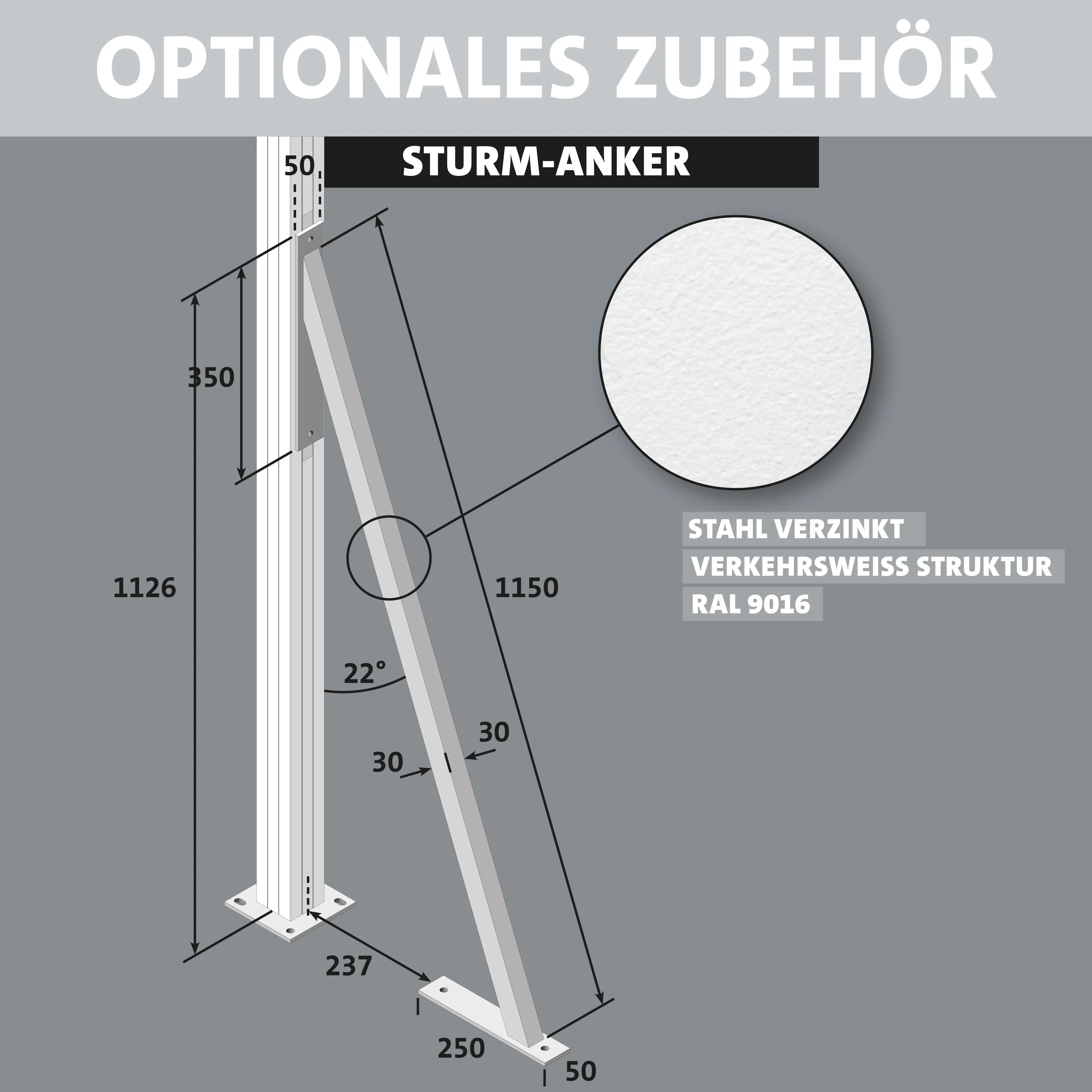 Sturmanker aus verzinktem Stahl für Flexo Zaunsystem, verkehrsweiß, RAL 9016, mit Maßen