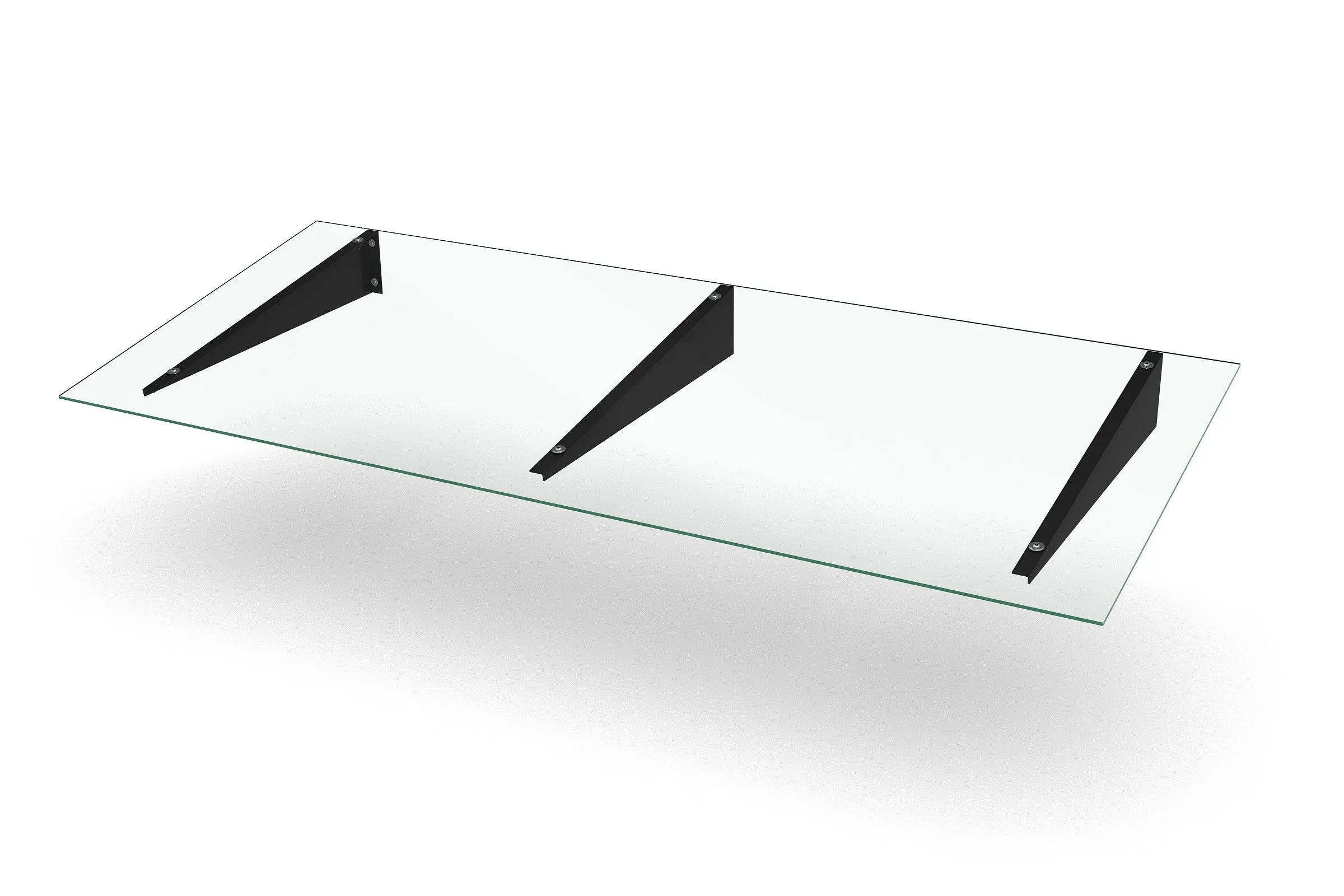 Modernes Vordach aus Glas mit drei schwarzen Metallträgern, minimalistisch, wetterfest