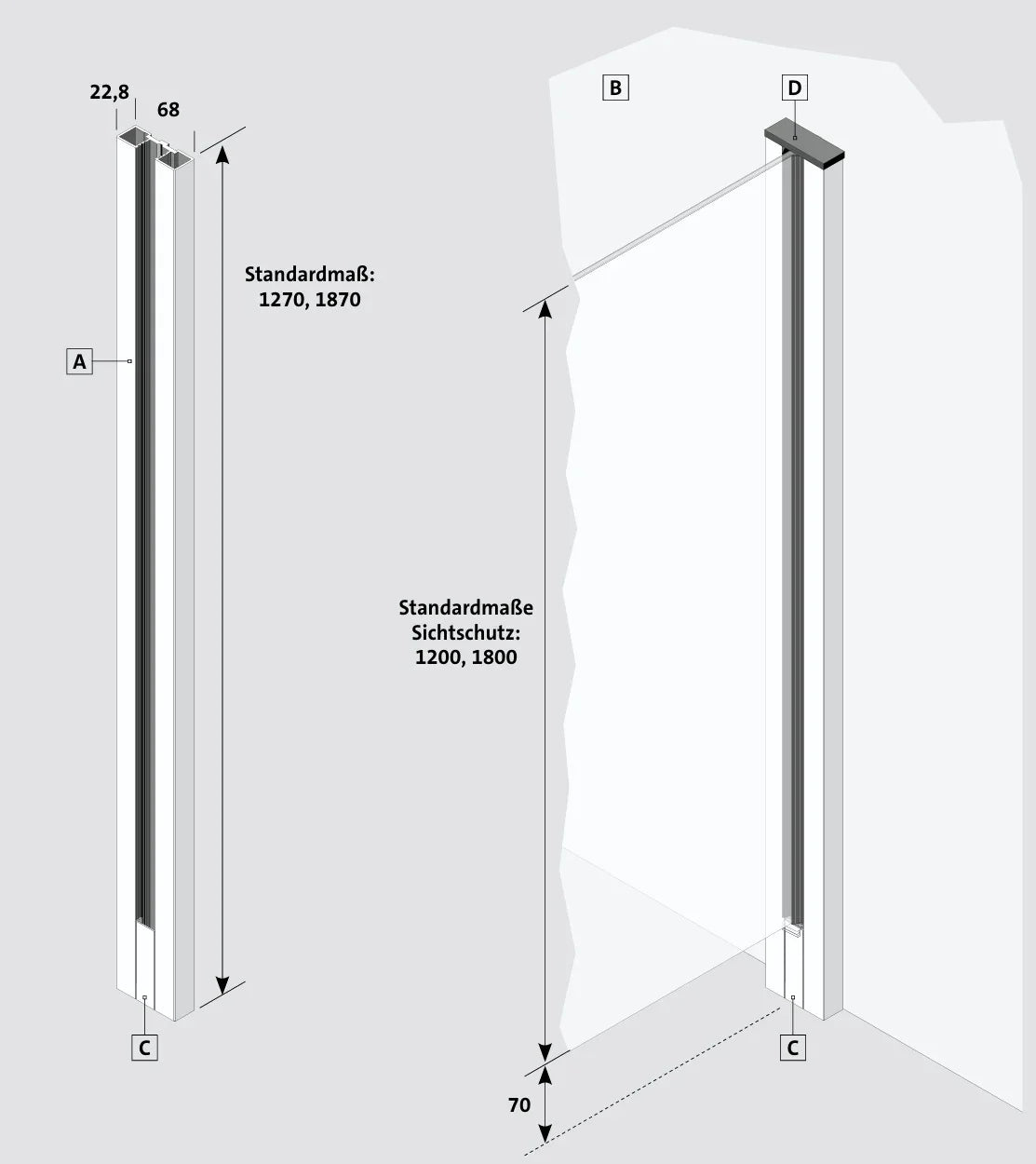 Skizze eines Wandprofils für Zaunpfosten, Maße und Sichtschutzsystem Übersicht
