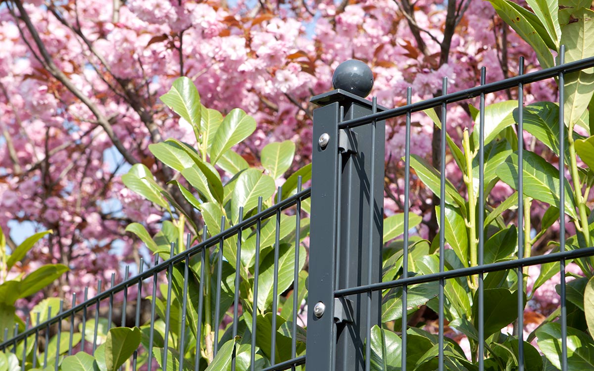 Zaunpfosten mit Aluminium-Kugelkappe an einer Grundstückseinfassung