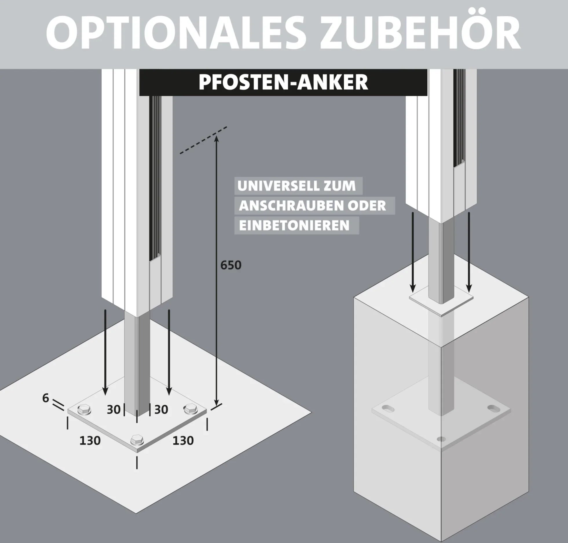 Zaunpfosten-Anker Flexo 130x130, Illustration zum Anschrauben oder Einbetonieren, Metallbau Zubehör