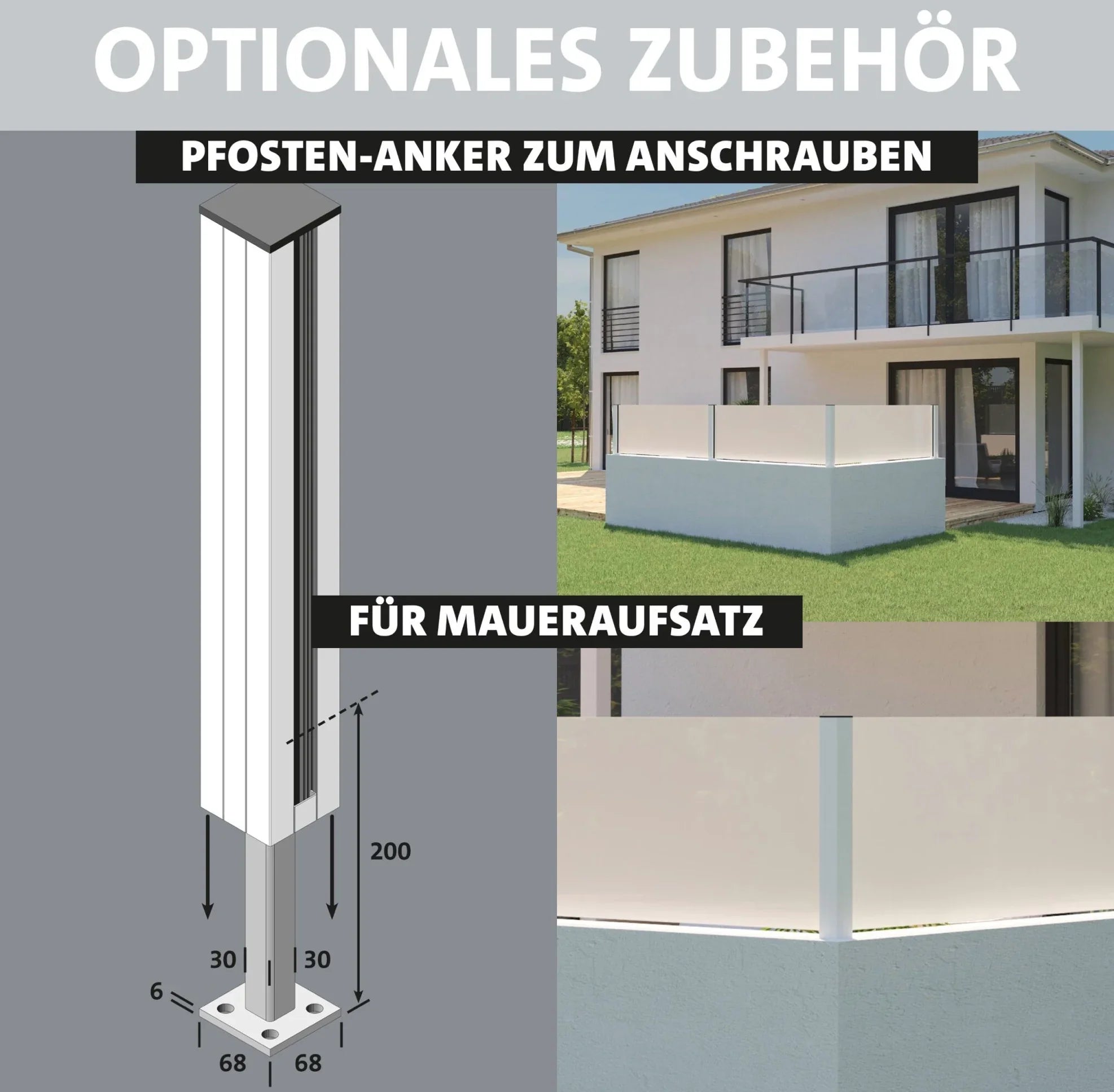 Zaunpfosten-Anker aus Metall zum Anschrauben, schmal, 68x68 mm, für Maueraufsatz illustriert.