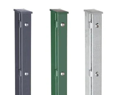Drei Metall Zaunpfosten Typ VAP in Grau, Grün und Verzinkt nebeneinander