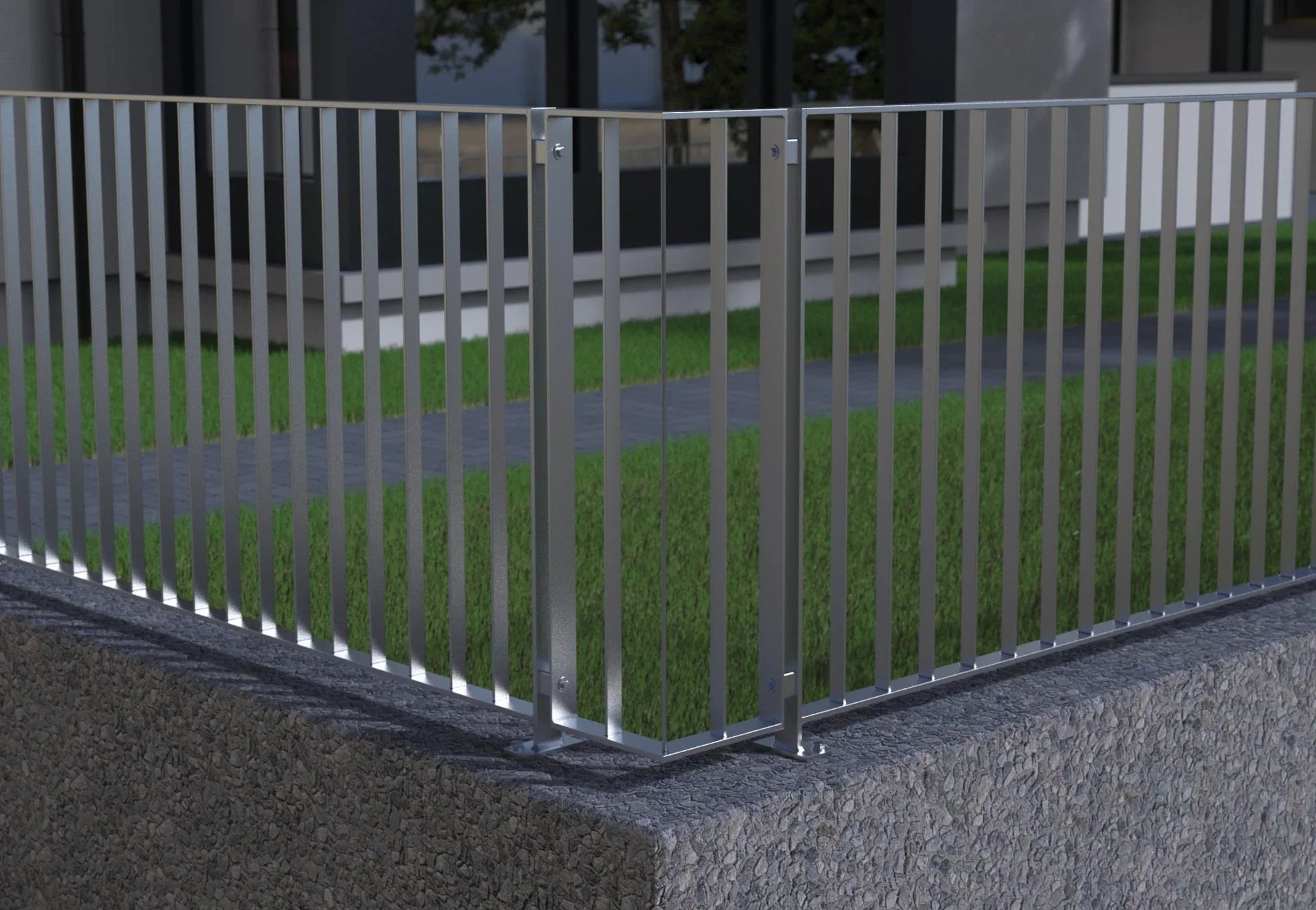 Edelstahl Zaunverbinder Modell Simple verbindet zwei Metallzaunelemente auf Steinmauer außen