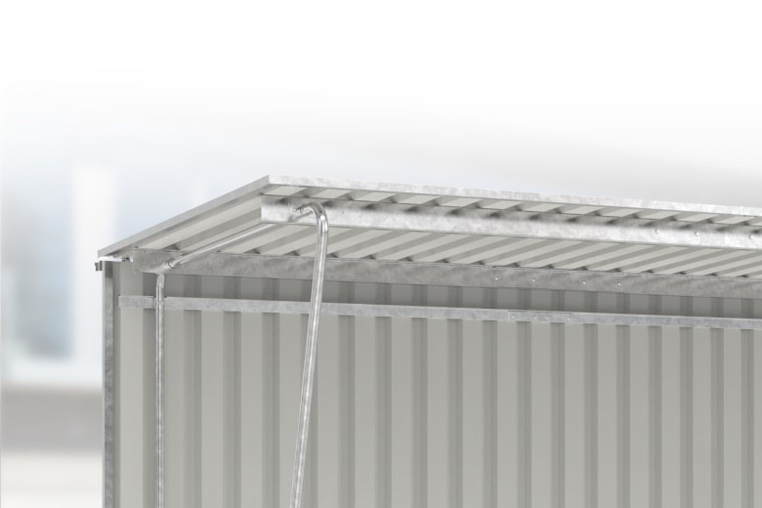Detailansicht Regenrinne mit Fallrohr und Haltern am Pultdach der Anbaueinheit Siegen S19 feuerverzinkt, 4300 × 2330 mm – Entwässerung nach hinten, Beispielabbildung