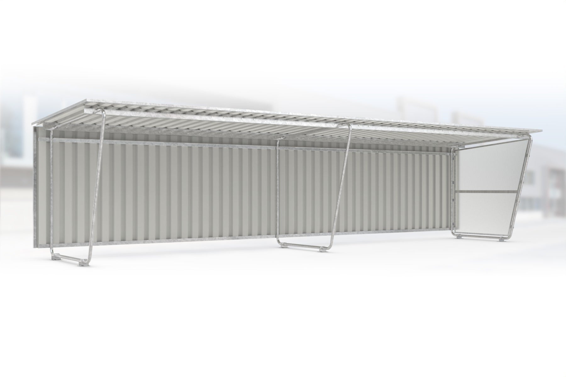 Anbaueinheit Siegen S19 feuerverzinkt an Grundeinheit Siegen S18, 4300 × 2330 mm, Pultdach mit Trapezblech, mit lichtdurchlässiger Polyester-Seitenwand rechts, mit Trapezblech-Rückwand – Stahlbausatz zur Eigenaufstellung
