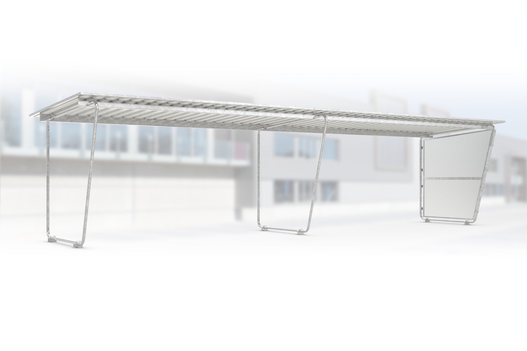 Anbaueinheit Siegen S19 feuerverzinkt an Grundeinheit Siegen S18, 4300 × 2330 mm, Pultdach mit Trapezblech, mit lichtdurchlässiger Polyester-Seitenwand rechts, offene Rückseite – Stahlbausatz zur Eigenaufstellung
