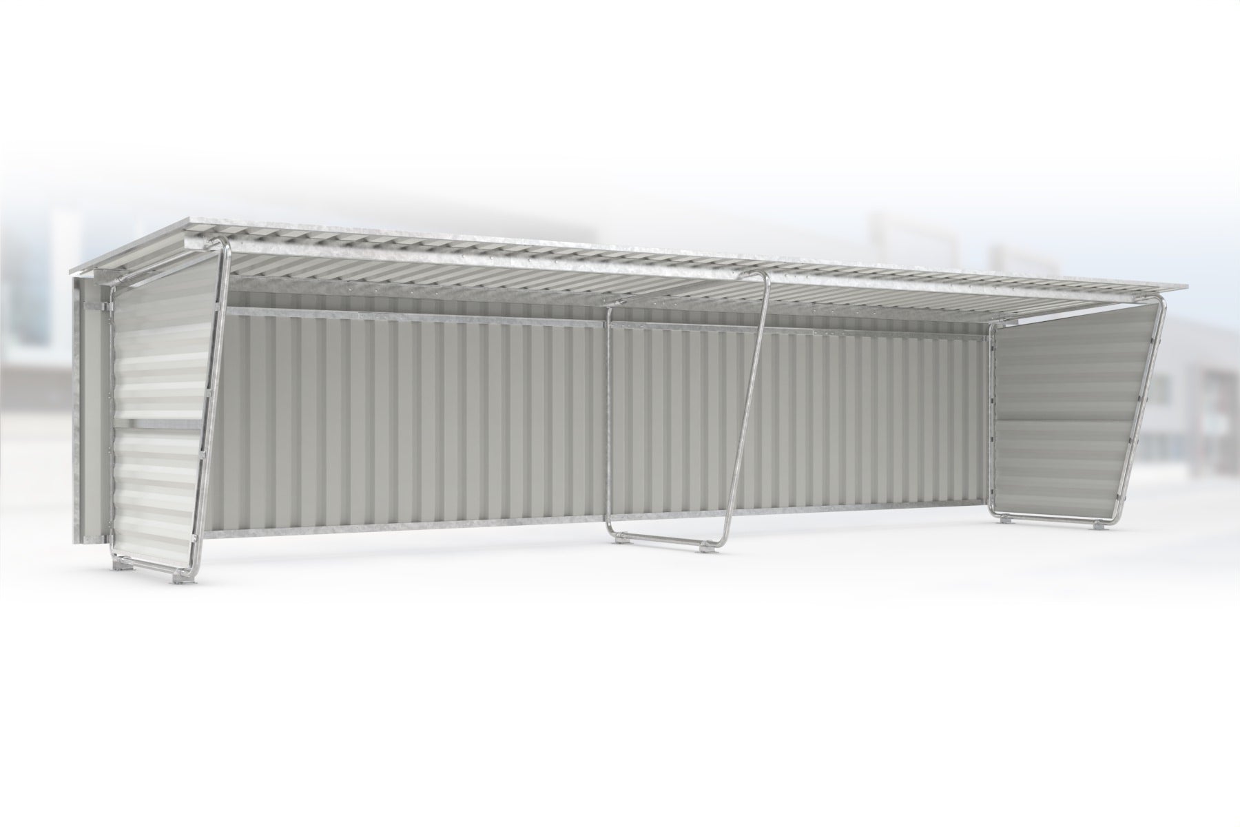 Anbaueinheit Siegen S19 feuerverzinkt an Grundeinheit Siegen S18, 4300 × 2330 mm, Pultdach mit Trapezblech, mit Trapezblech-Seitenwänden links und rechts, mit Trapezblech-Rückwand – Stahlbausatz zur Eigenaufstellung