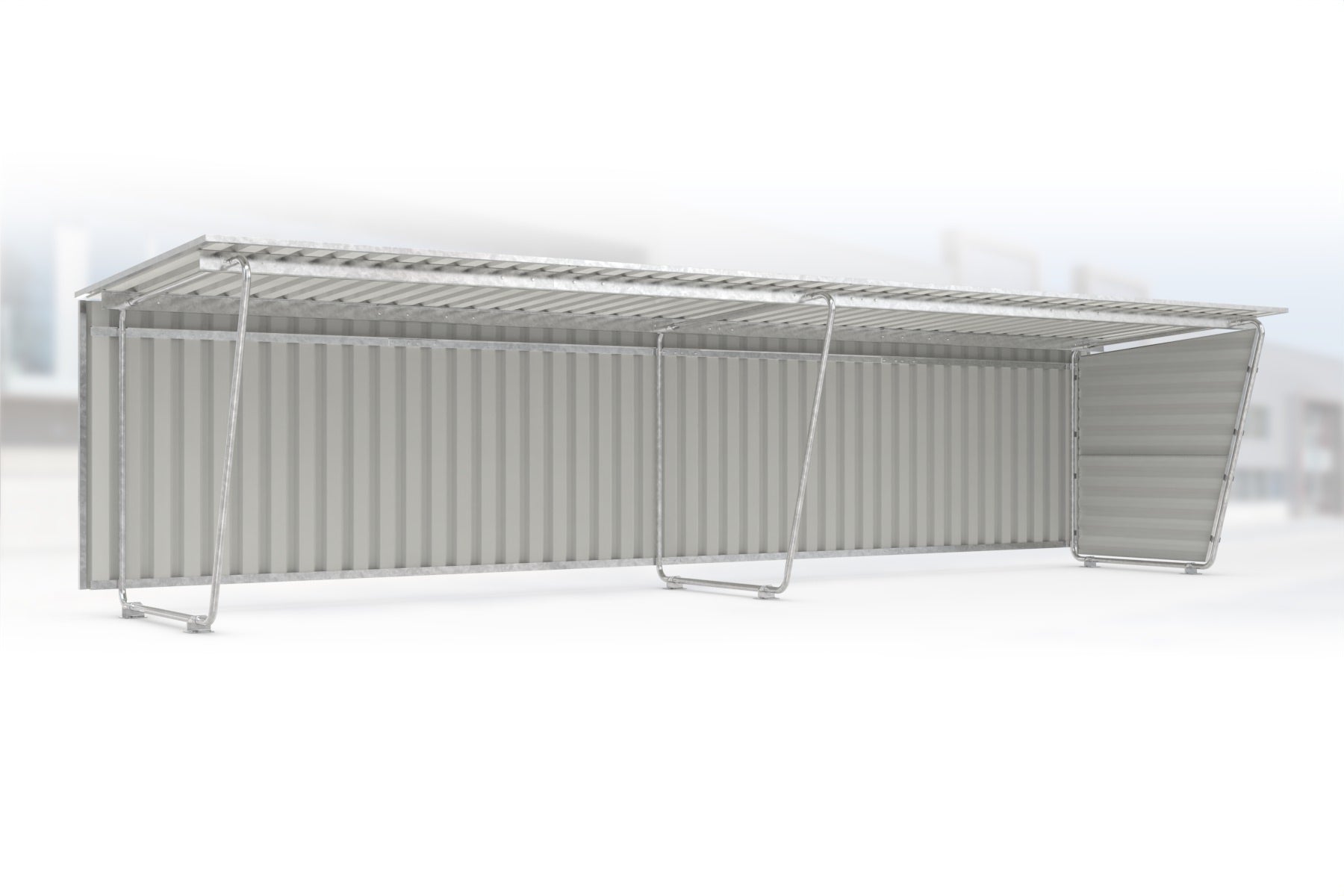 Anbaueinheit Siegen S19 feuerverzinkt an Grundeinheit Siegen S18, 4300 × 2330 mm, Pultdach mit Trapezblech, mit Trapezblech-Seitenwand rechts, mit Trapezblech-Rückwand – Stahlbausatz zur Eigenaufstellung