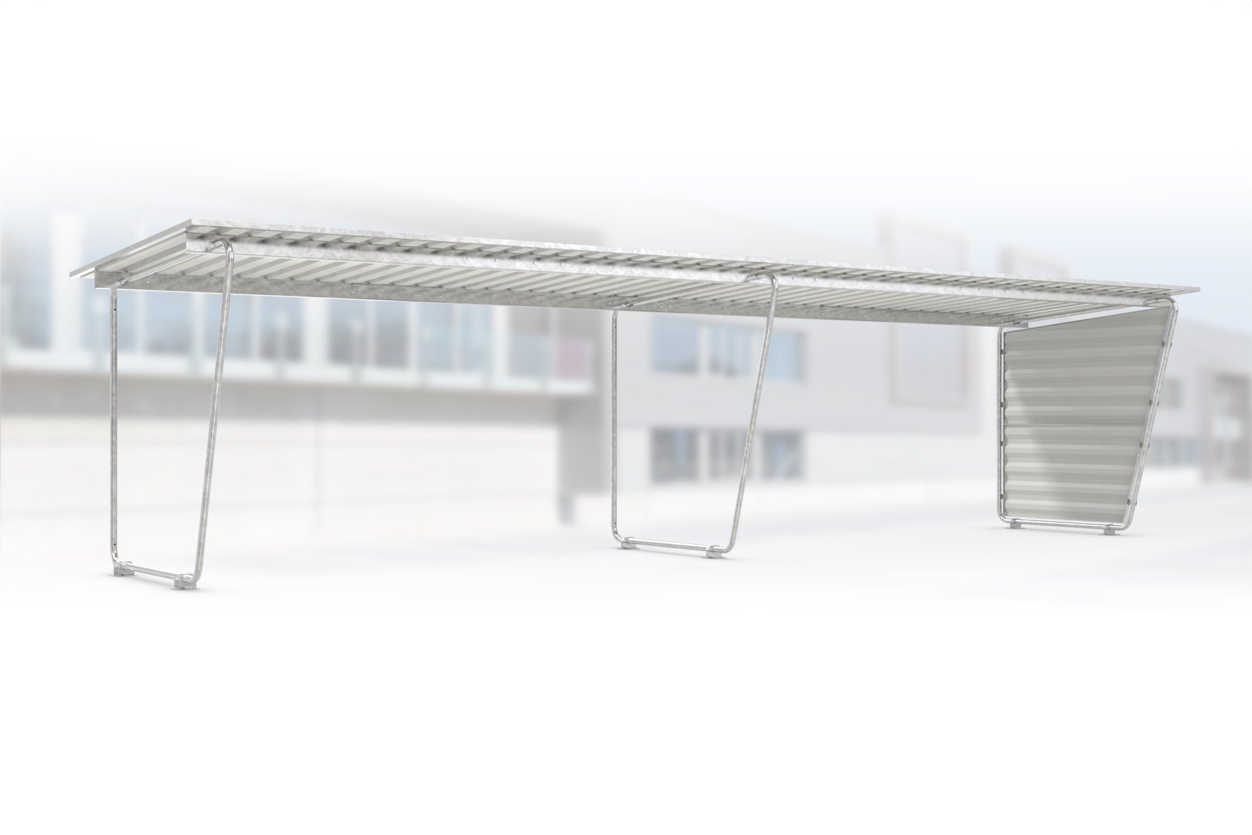 Anbaueinheit Siegen S19 feuerverzinkt an Grundeinheit Siegen S18, 4300 × 2330 mm, Pultdach mit Trapezblech, mit Trapezblech-Seitenwand rechts, offene Rückseite – Stahlbausatz zur Eigenaufstellung