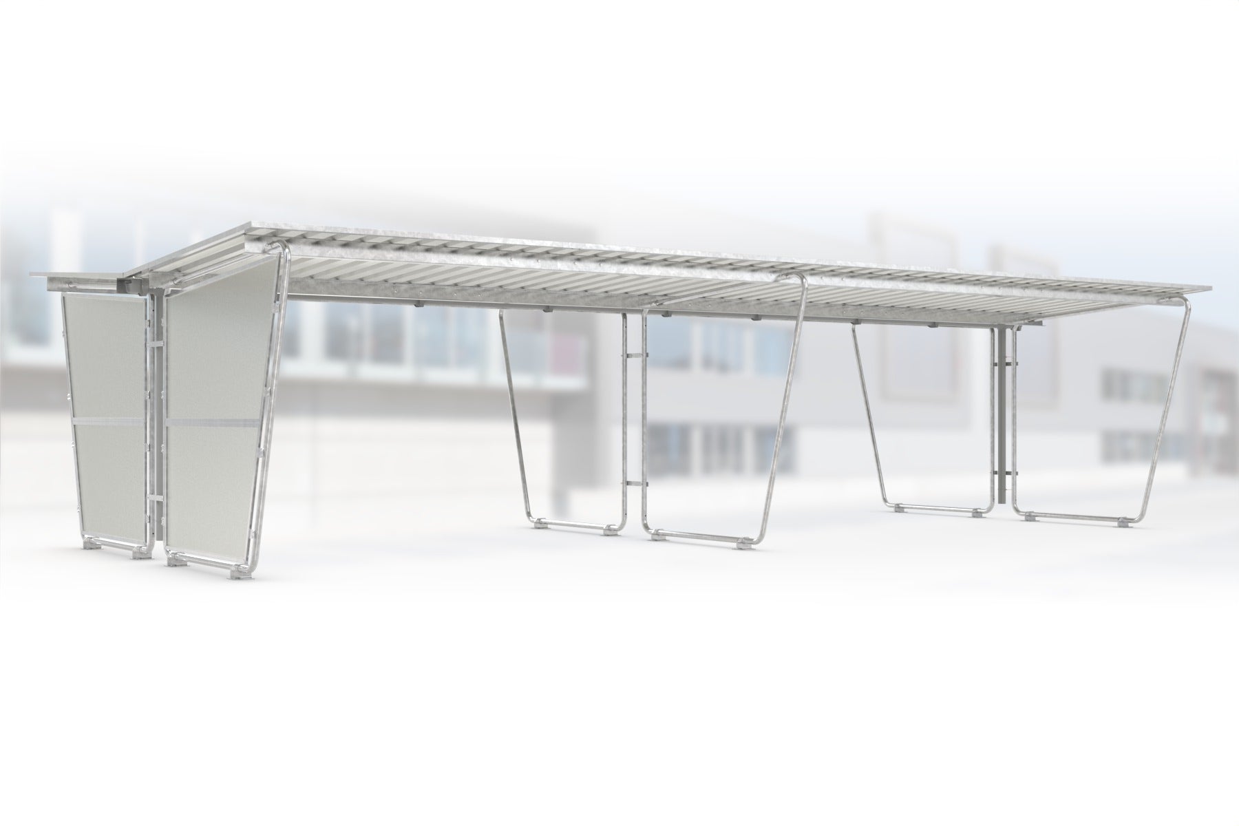 Anbaueinheit Siegen S29 feuerverzinkt an Grundeinheit Siegen S28, doppelseitig, 4300 × 4660 mm, Pultdach mit Trapezblech, mit lichtdurchlässiger Polyester-Seitenwand links, Regenrinne und Fallrohr inklusive – Stahlbausatz zur Eigenaufstellung