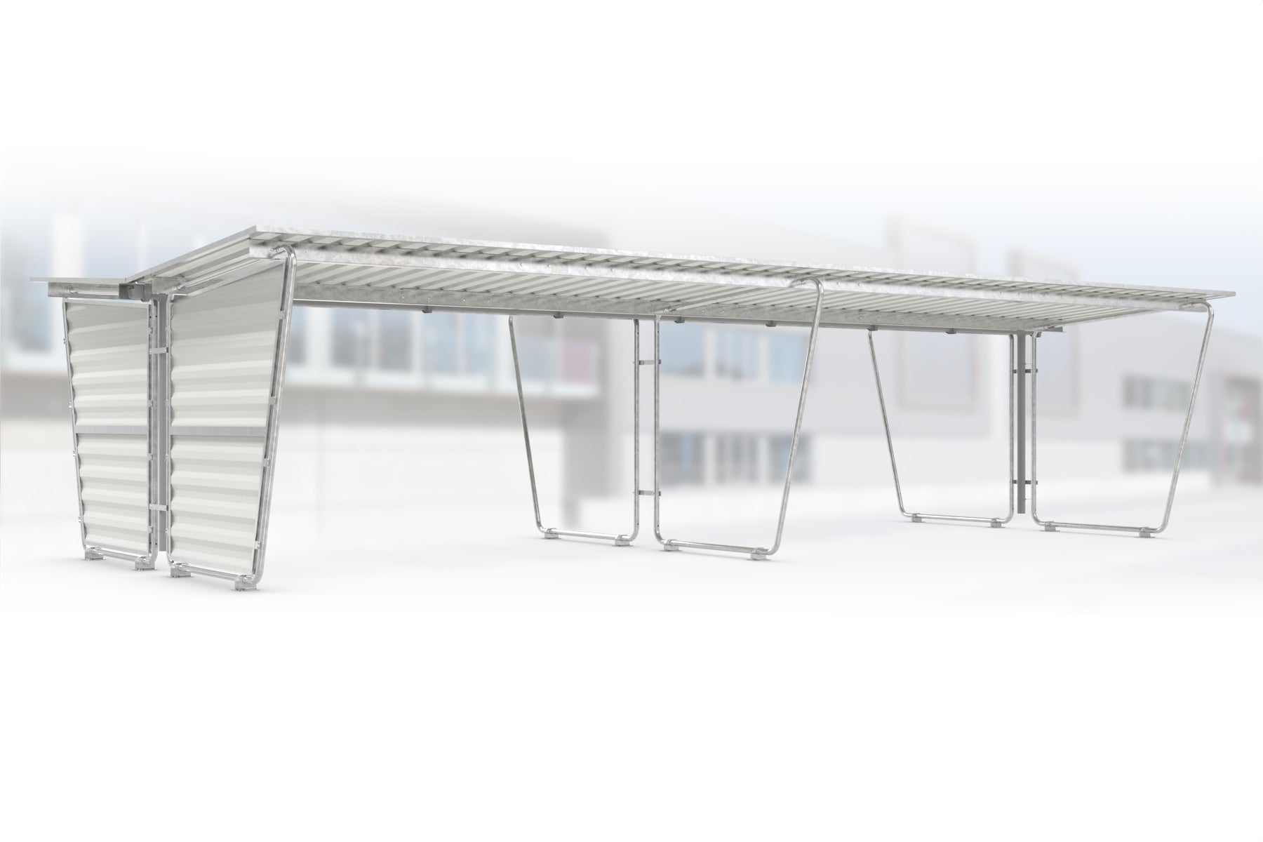 Anbaueinheit Siegen S29 feuerverzinkt an Grundeinheit Siegen S28, doppelseitig, 4300 × 4660 mm, Pultdach mit Trapezblech, mit Trapezblech-Seitenwand links, Regenrinne und Fallrohr inklusive – Stahlbausatz zur Eigenaufstellung