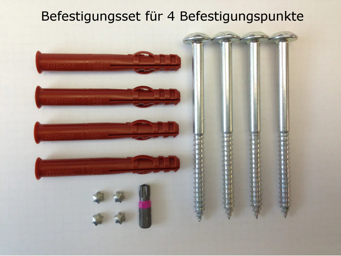 Befestigungsset für Fenstergitter mit 4 Schrauben, 4 Dübeln und Montagematerial