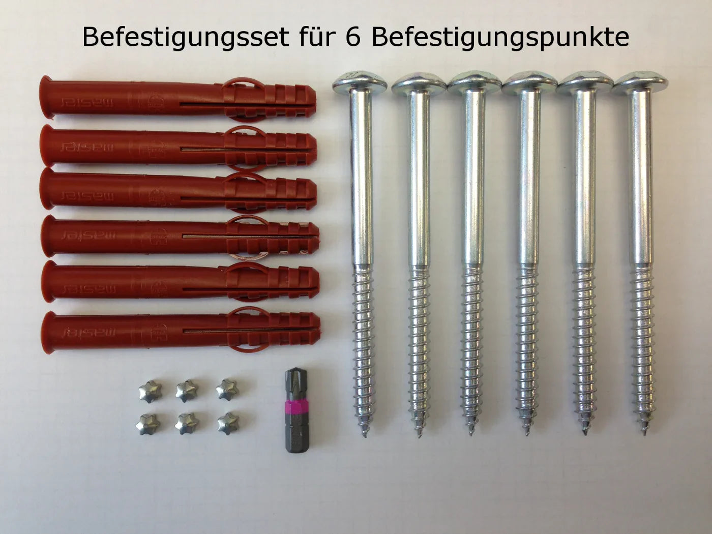 Befestigungsset für Fenstergitter mit 6 Schrauben, Dübeln, Muttern und Bit-Einsatz