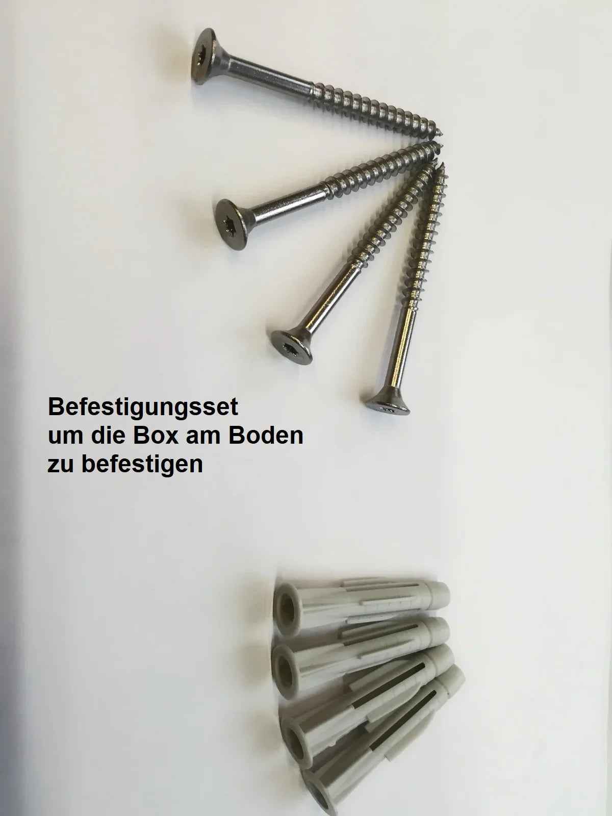 Befestigungsset für Mülltonnenbox, bestehend aus vier Schrauben und vier Dübeln auf weißem Hintergrund