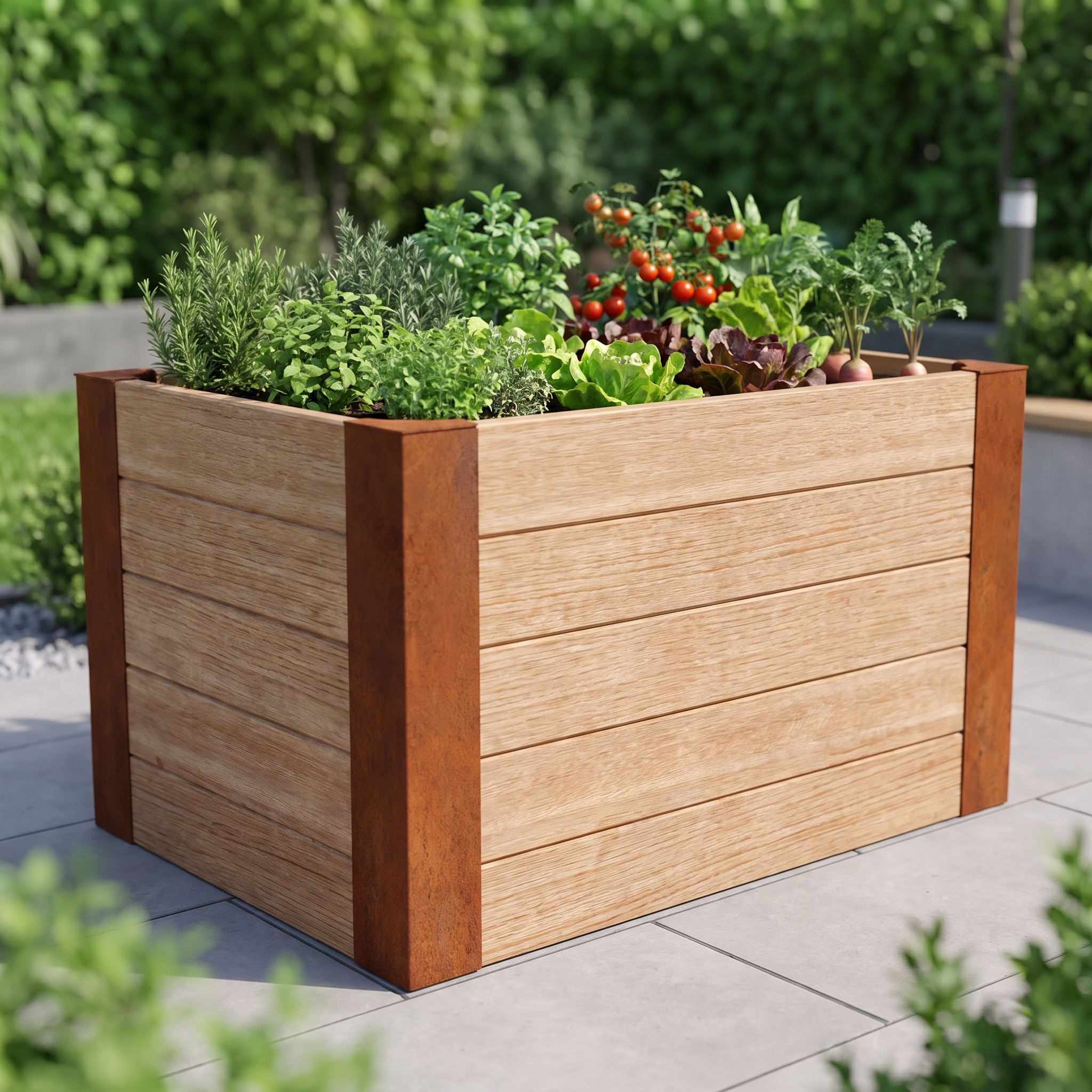 Cortenstahl-Hochbeet aus Pfosten und Holzbohlen im Garten, bepflanzt mit Kräutern und Gemüse