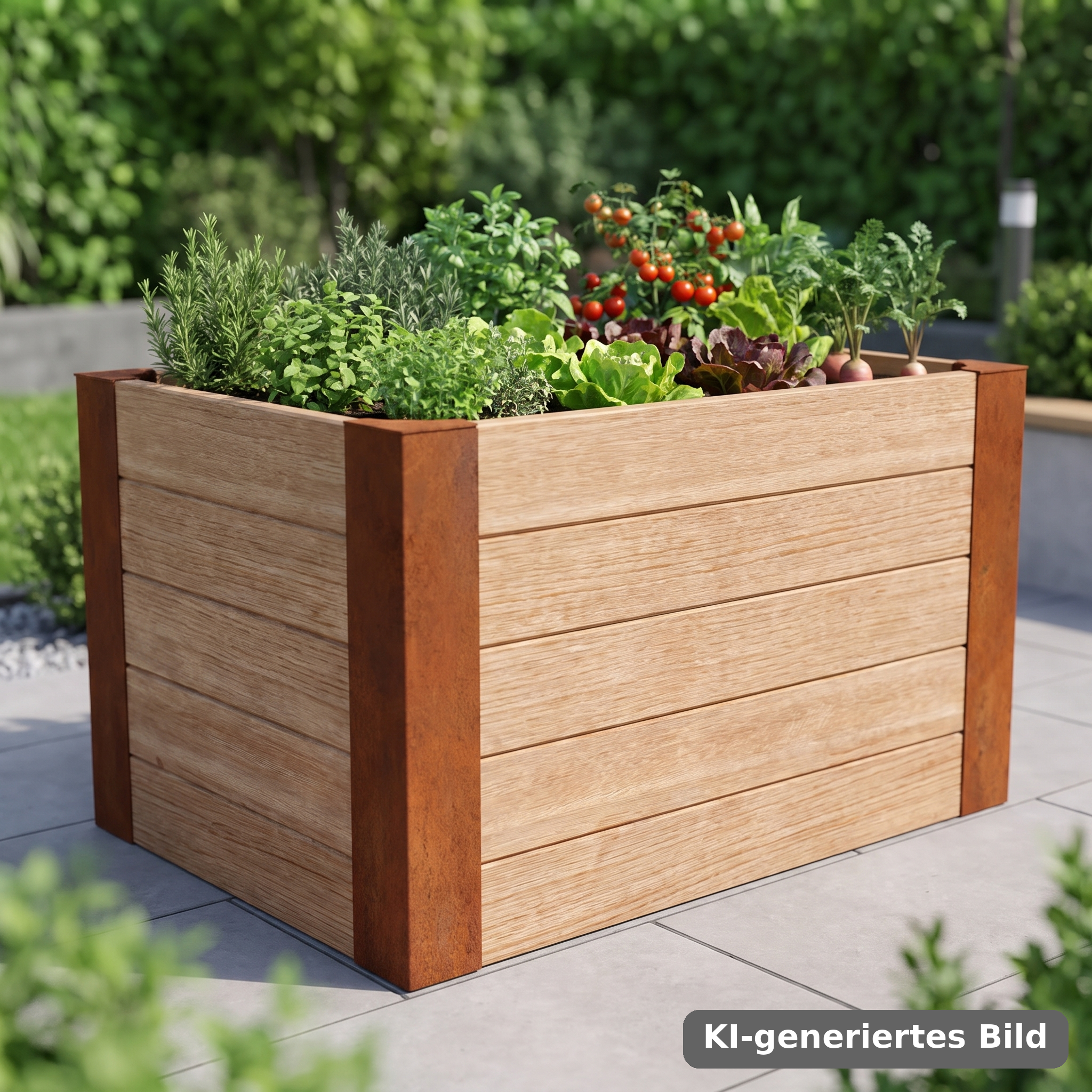 KI-generiertes Bild: Cortenstahl-Hochbeet aus Pfosten und Holzbohlen im Garten, bepflanzt mit Kraeutern und Gemuese