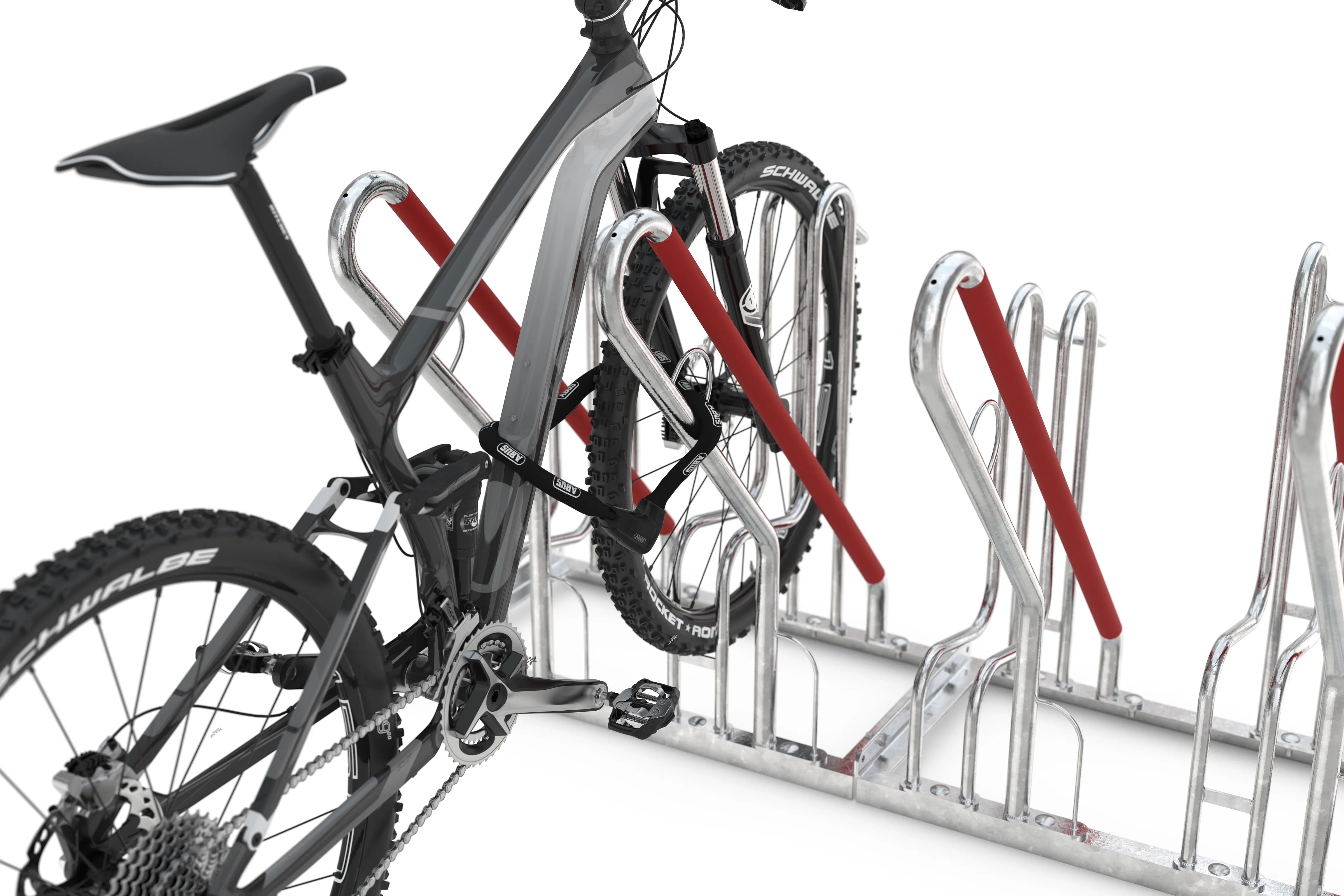 Fahrradparksystem aus Metall mit angeschlossenem Mountainbike, stabiler Fahrradständer