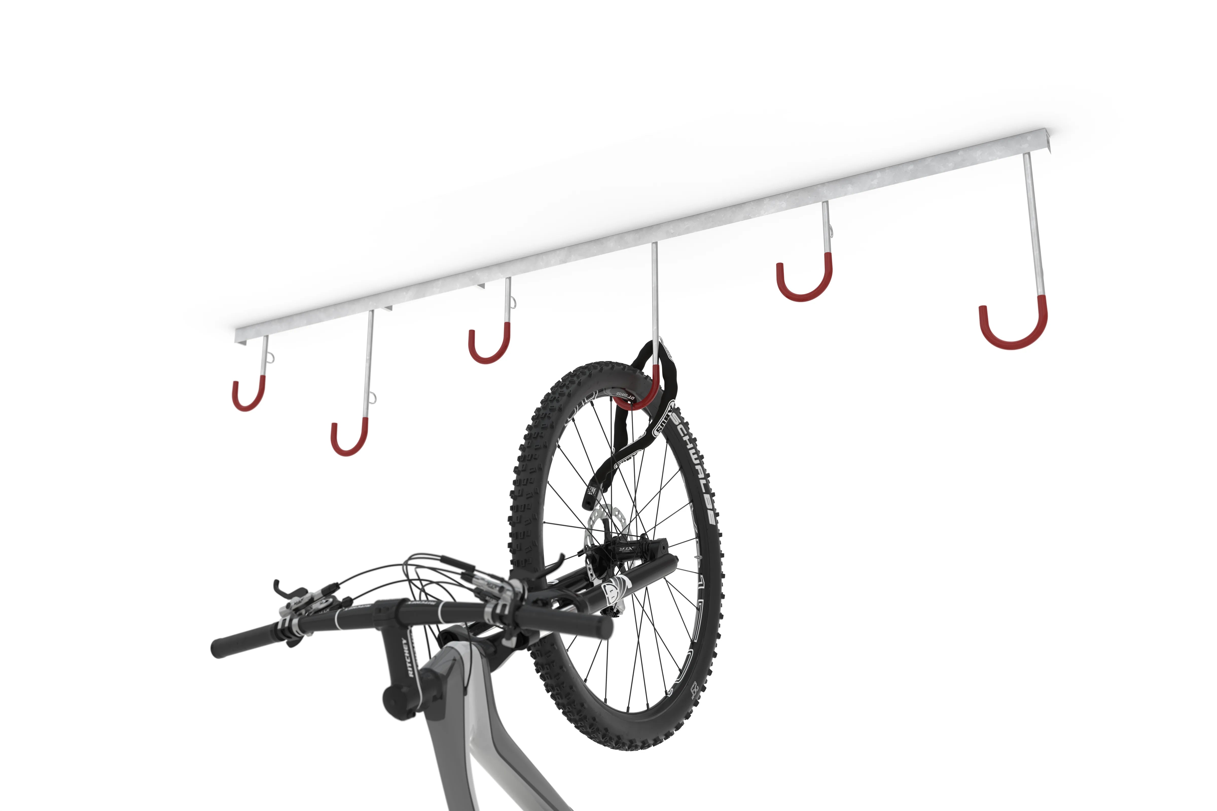Fahrrad-Aufhängesystem aus Metall mit mehreren roten Haken zur Deckenmontage