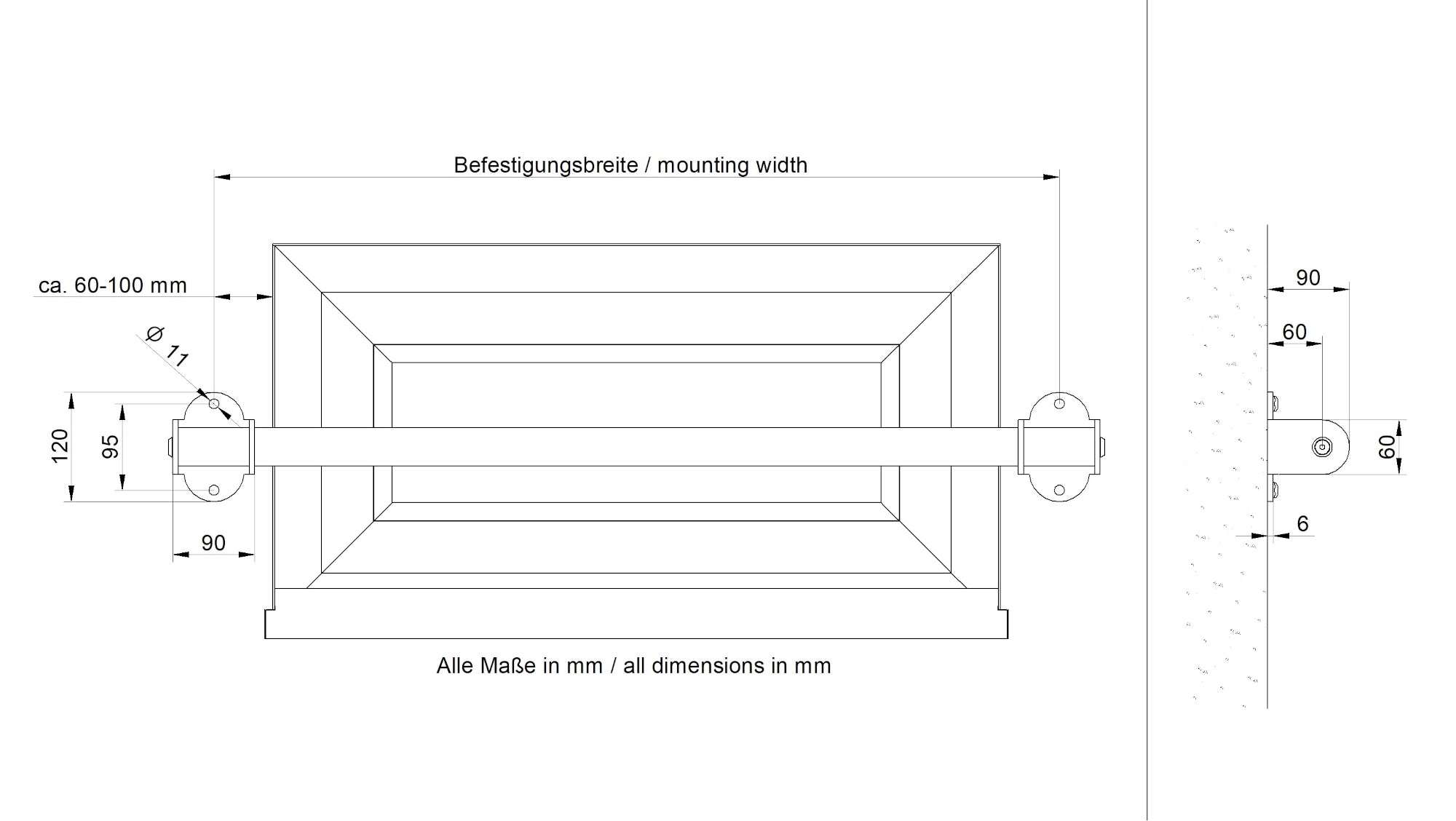 Technische Zeichnung einer Fenstersicherung aus Edelstahl mit Bemaßung, Einbruchschutz, Montagebreite