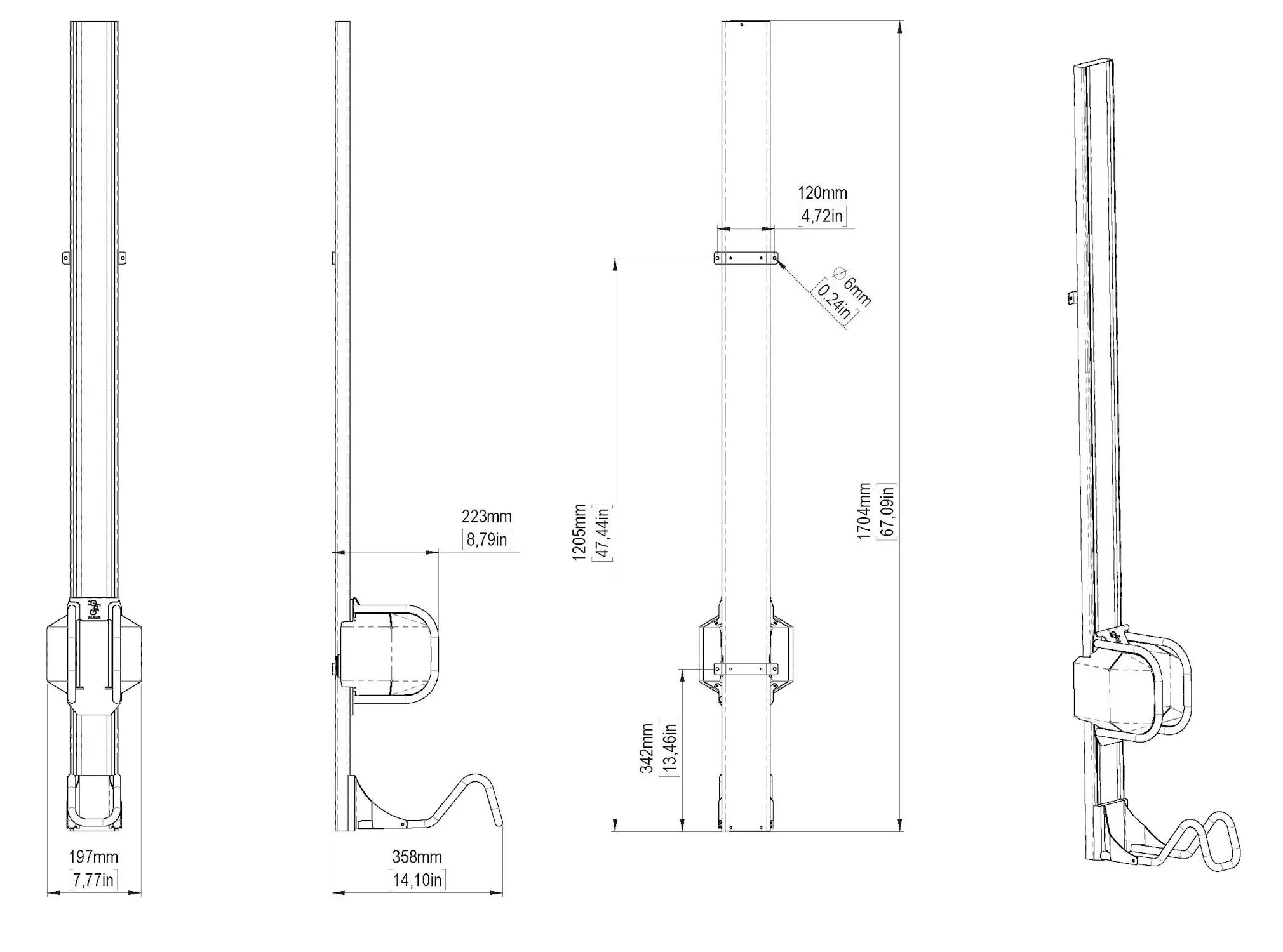 Technische Zeichnung einer vertikalen Fahrrad-Wandhalterung mit Maßangaben.