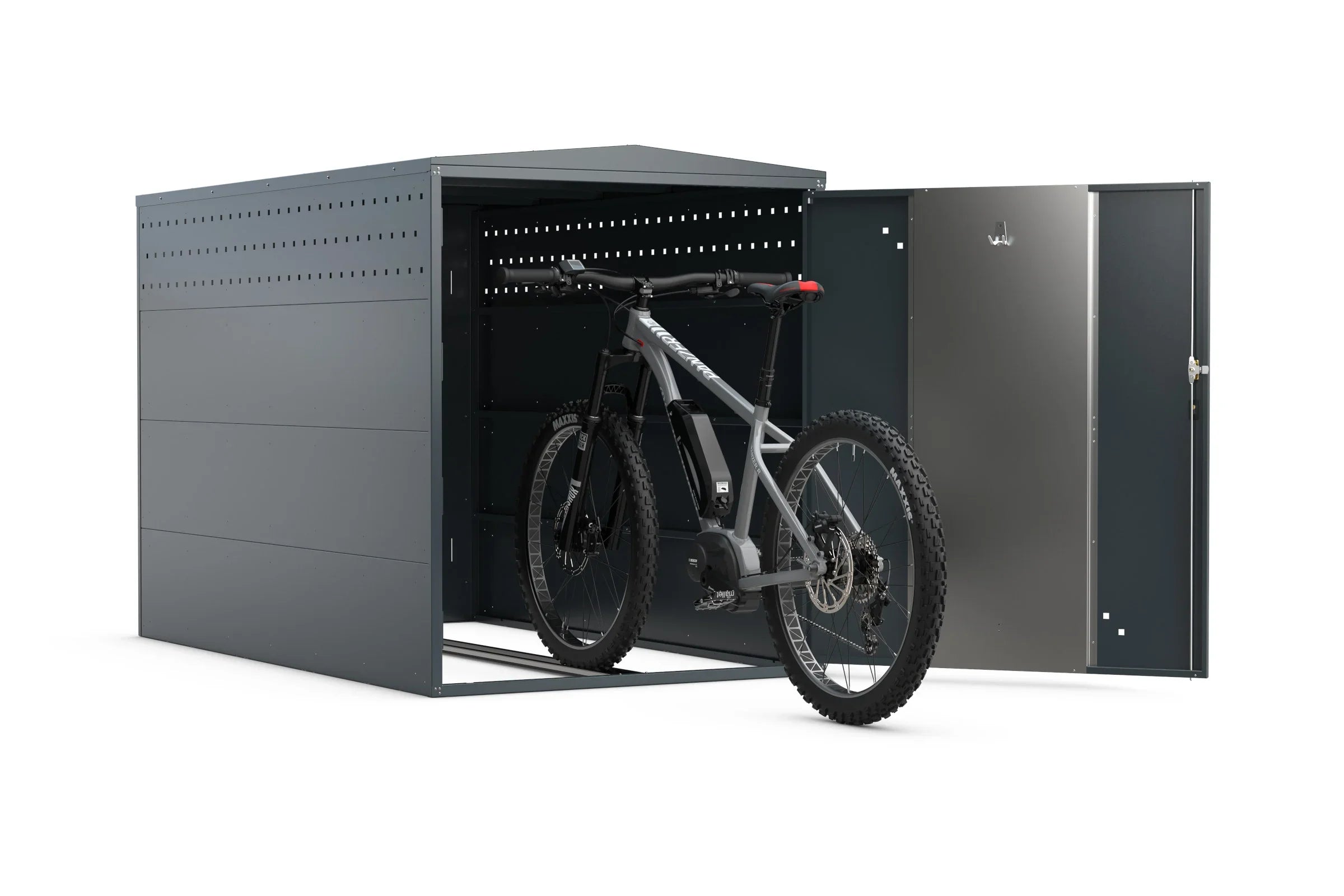 Geräumige Fahrradbox aus Metall mit offenem Tor und E-Bike im modernen Design
