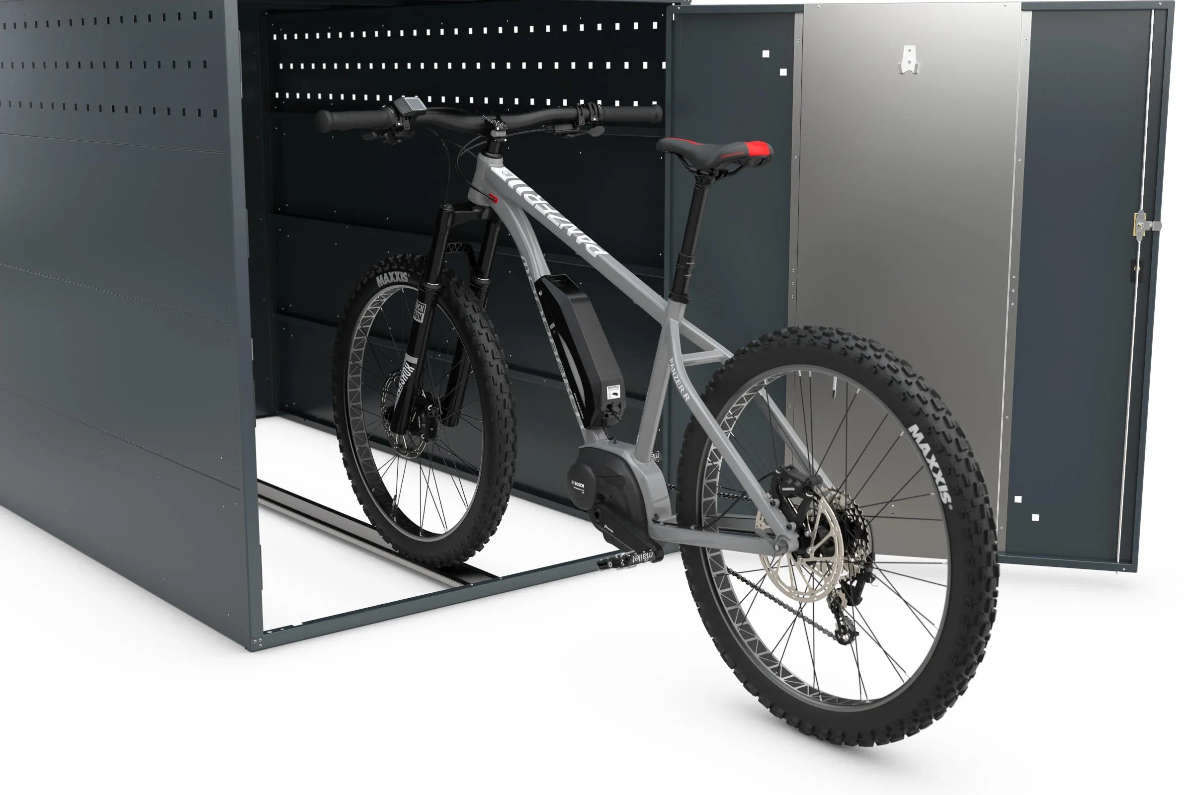 Fahrrad in wetterfester Metall Fahrradbox mit Schiebetür, sicherer Aufbewahrung