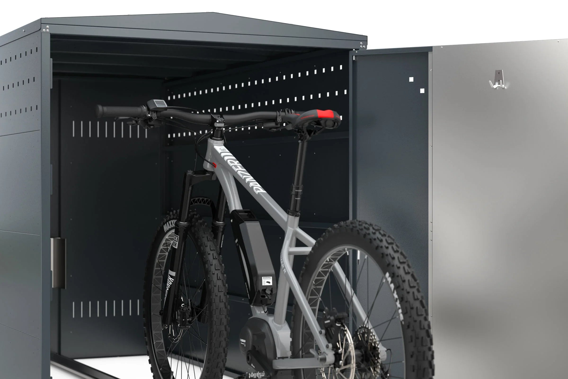 Metall Fahrradbox mit geöffnetem Deckel, E-Bike sicher verstaut, pulverbeschichtetes Stahlblech