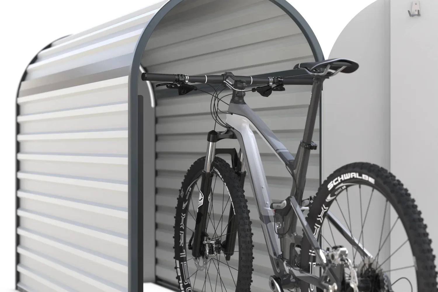 Metall Fahrradbox mit Mountainbike, sichere Aufbewahrung für Fahrräder außen