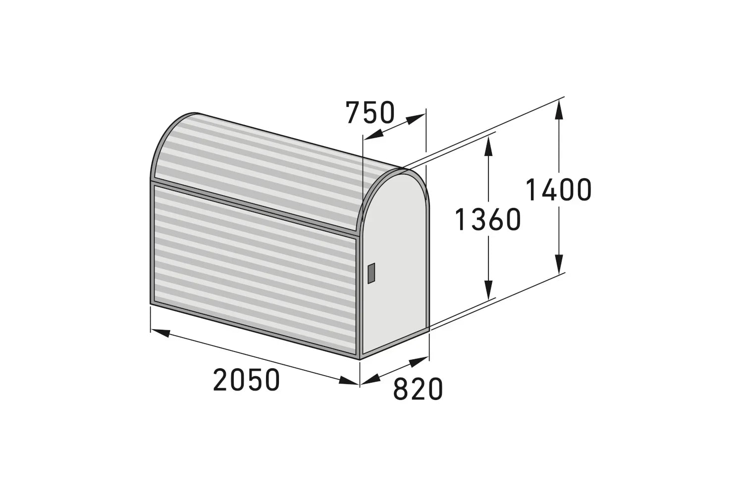 Zeichnung einer Fahrradbox mit Maßen, Metall Fahrradgarage, abschließbar, wetterfest
