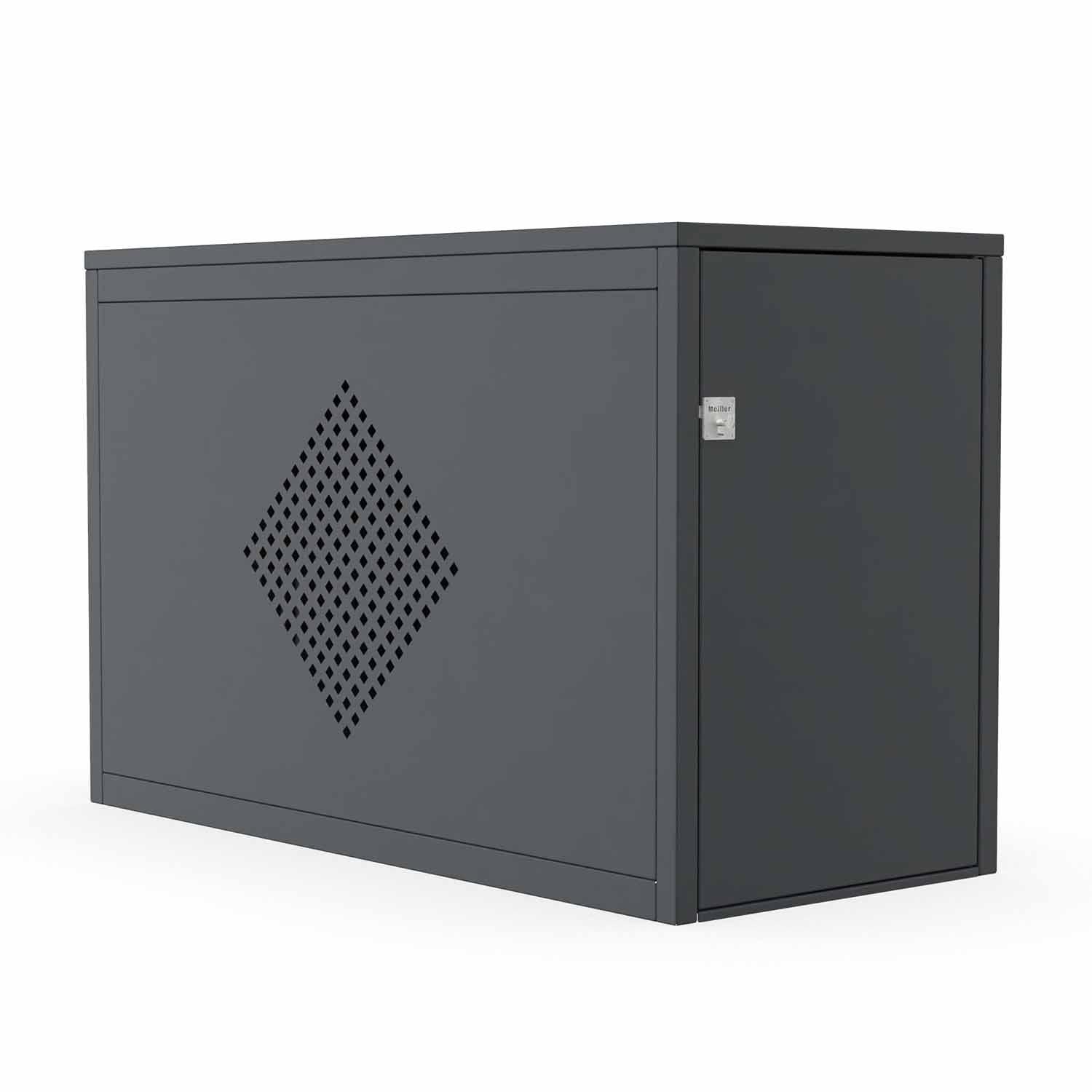 Fahrradbox Diamond Flachdach RAL 7016 mit geöffneter Flügeltür und ausziehbarer Einlaufschiene, Muster Rechteck